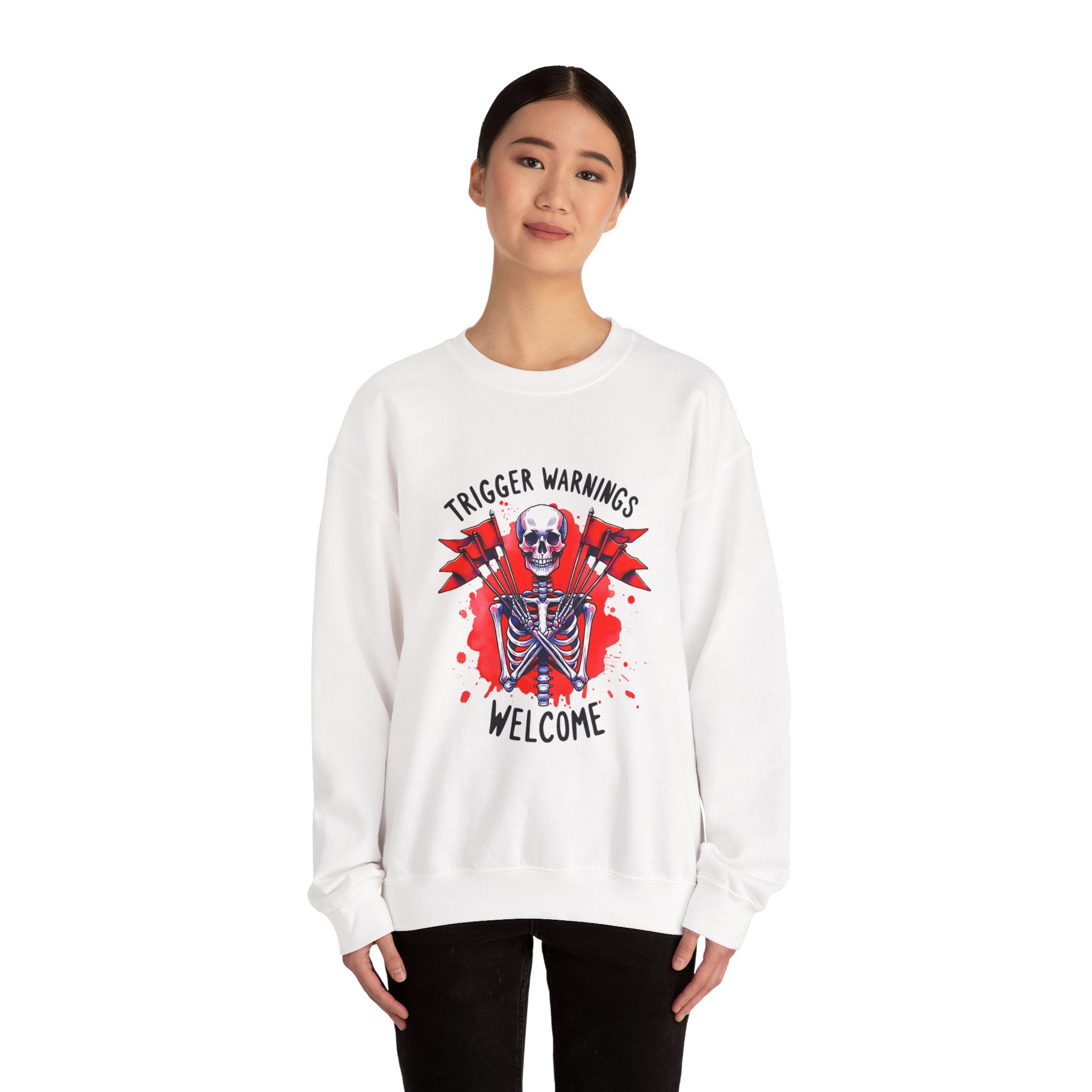 Skeleton Graphic Sweatshirt — "Trigger Warnings Welcome" Gothic Crewneck