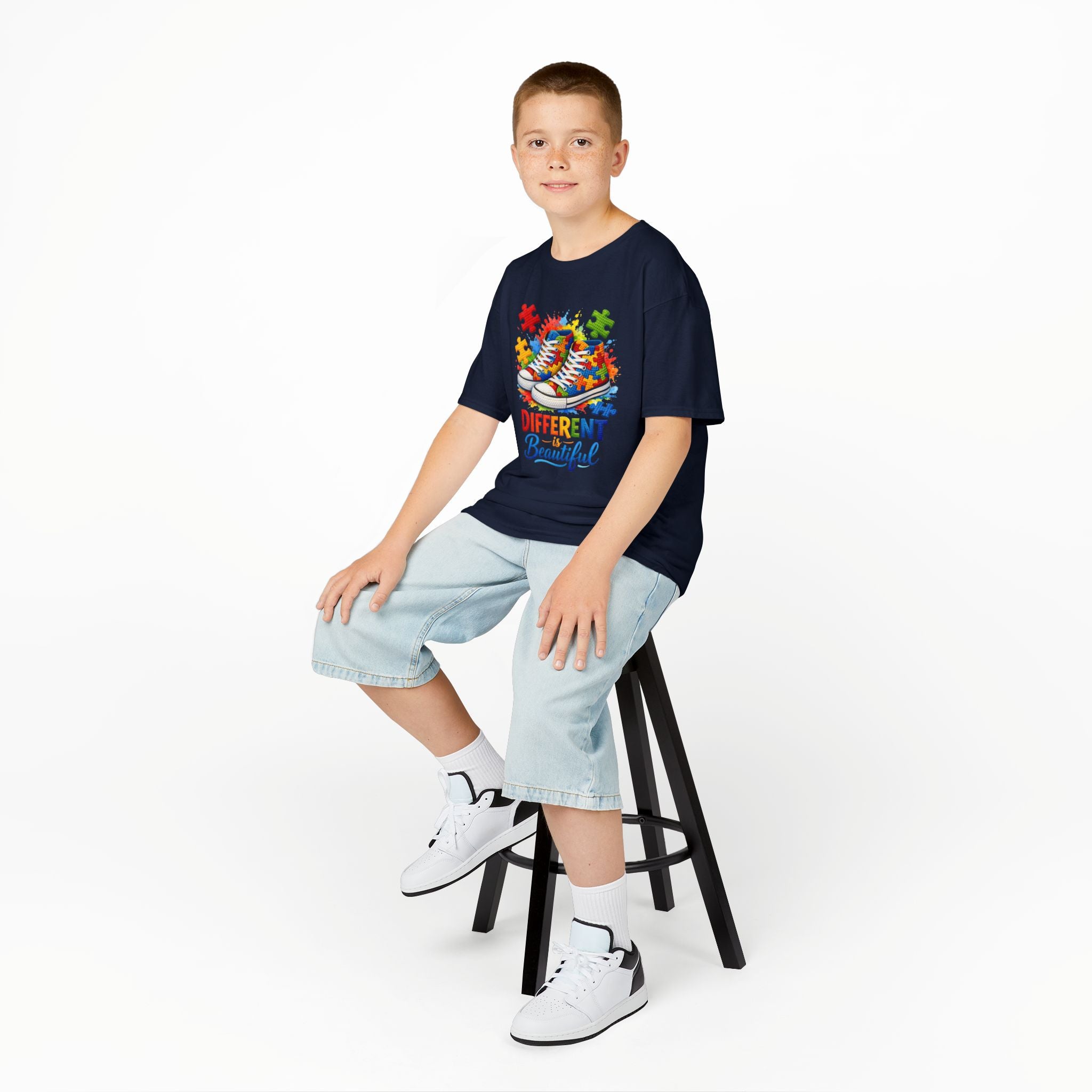 Kids T‑Shirt — 'Different Beautiful' Autism Awareness Sneakers Design