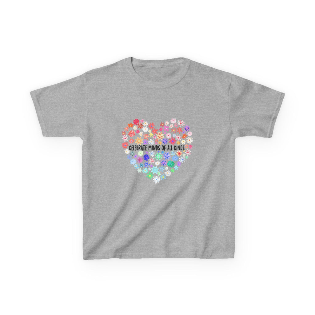 Kids T-Shirt — "Celebrate Minds of All Kinds" Rainbow Flower Heart