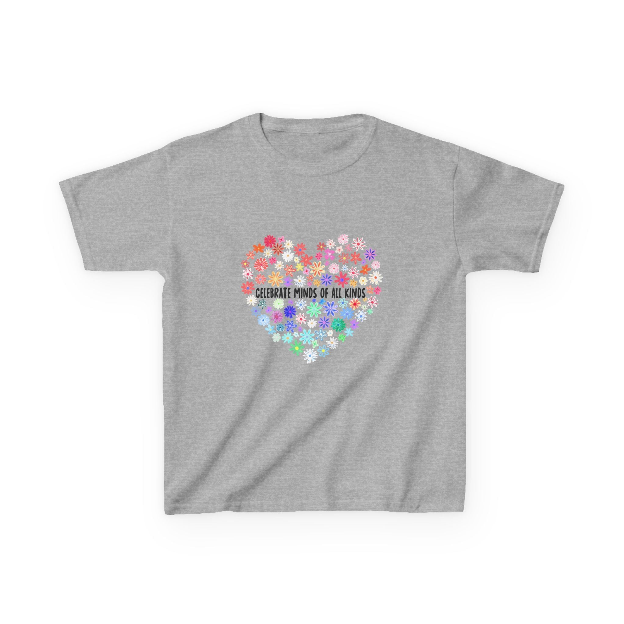 Kids T-Shirt — "Celebrate Minds of All Kinds" Rainbow Flower Heart