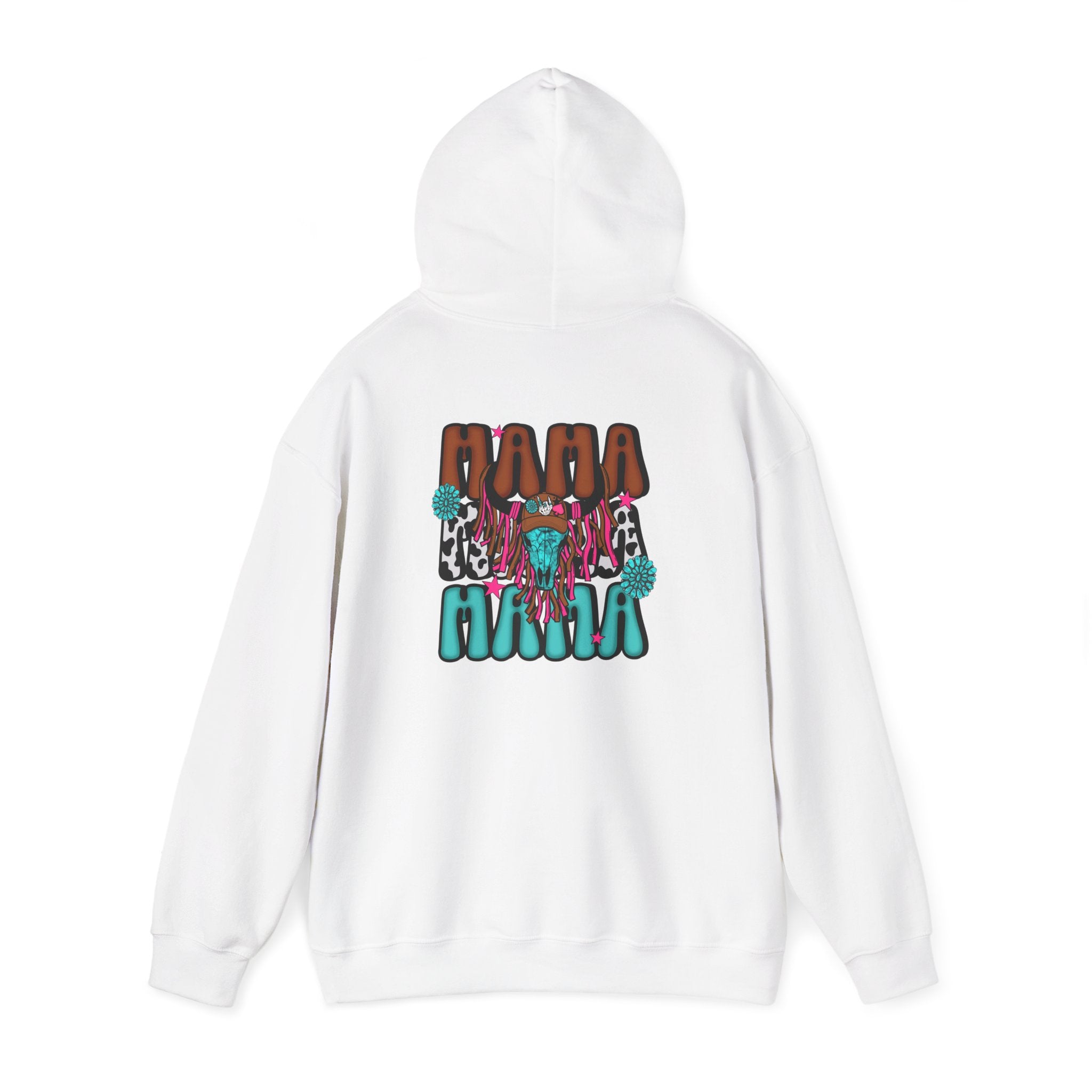 Double-sided Bull Skull Graphic Hoodie – Teal & Brown Desert Cow Skull Pullover