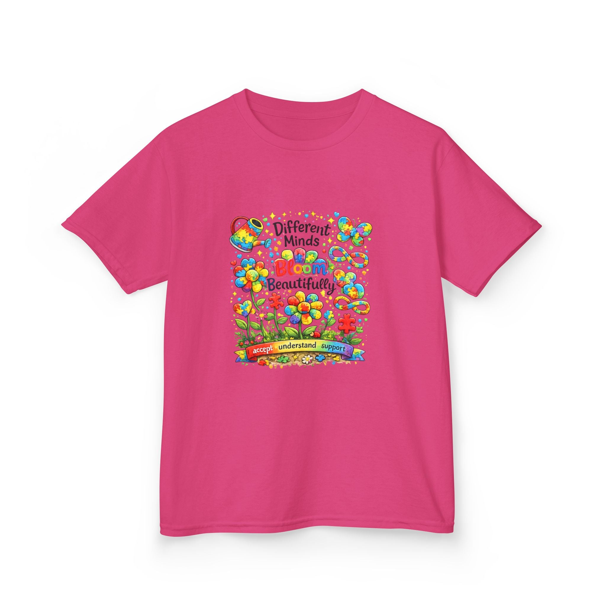 Kids Tee — "Different Minds Bloom Beautifully" Rainbow Flower Autism Awareness Shirt