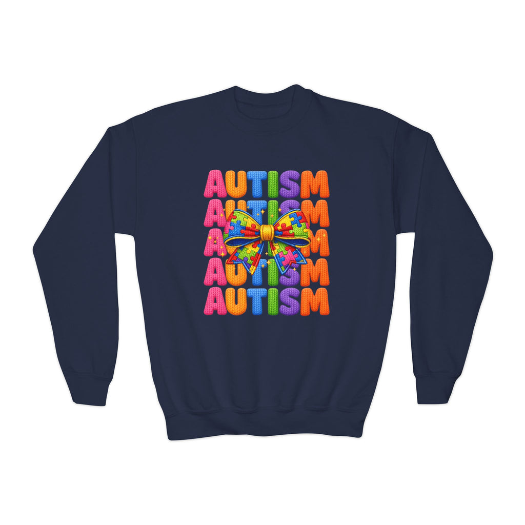 Youth Autism Awareness Crewneck Sweatshirt – Colorful Puzzle Ribbon Design