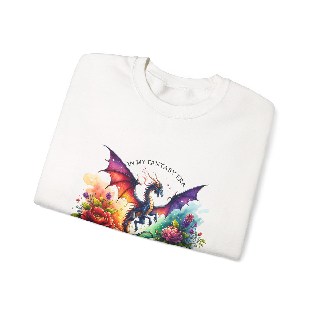 Crewneck Sweatshirt — Fantasy Dragon Emerging From Open Book with Flowers