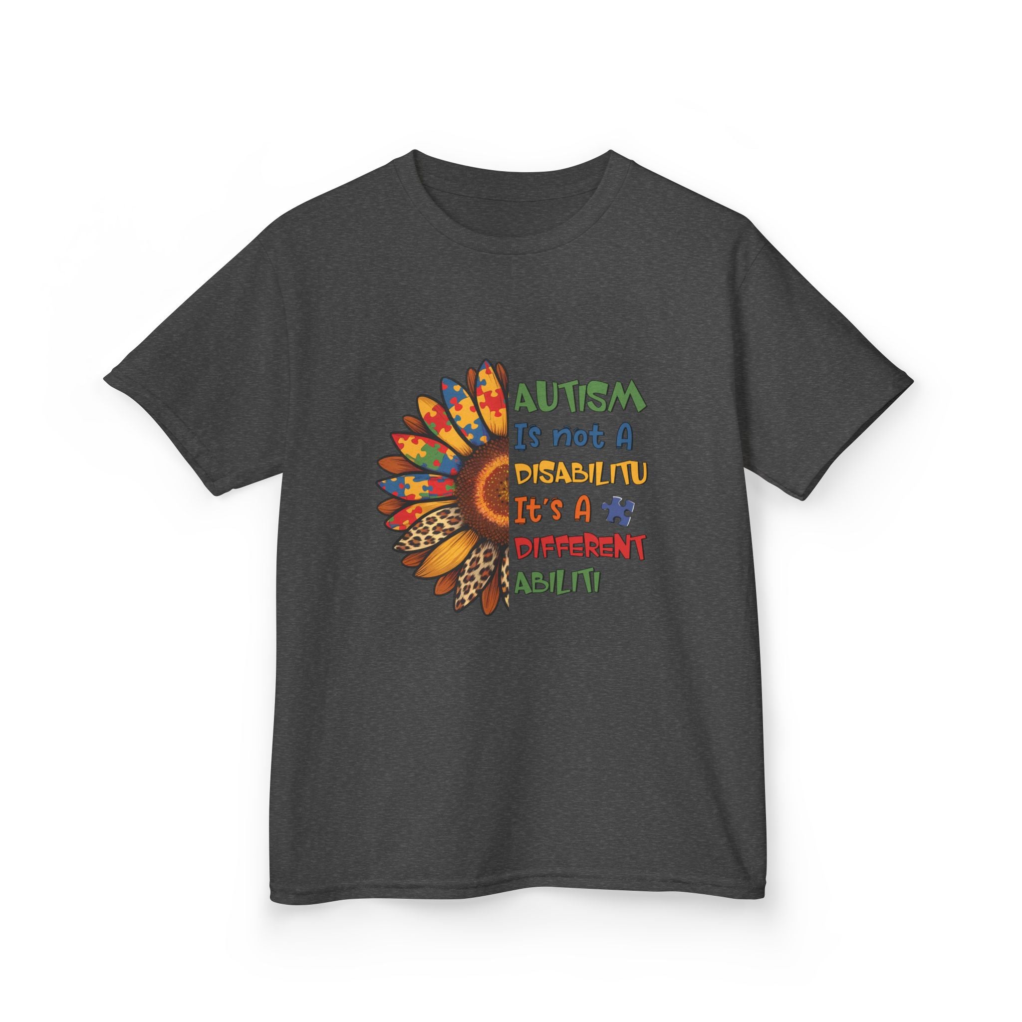 Kids Tee — "Autism Is Not A Disability It's A Different Ability" Colorful Feather Design