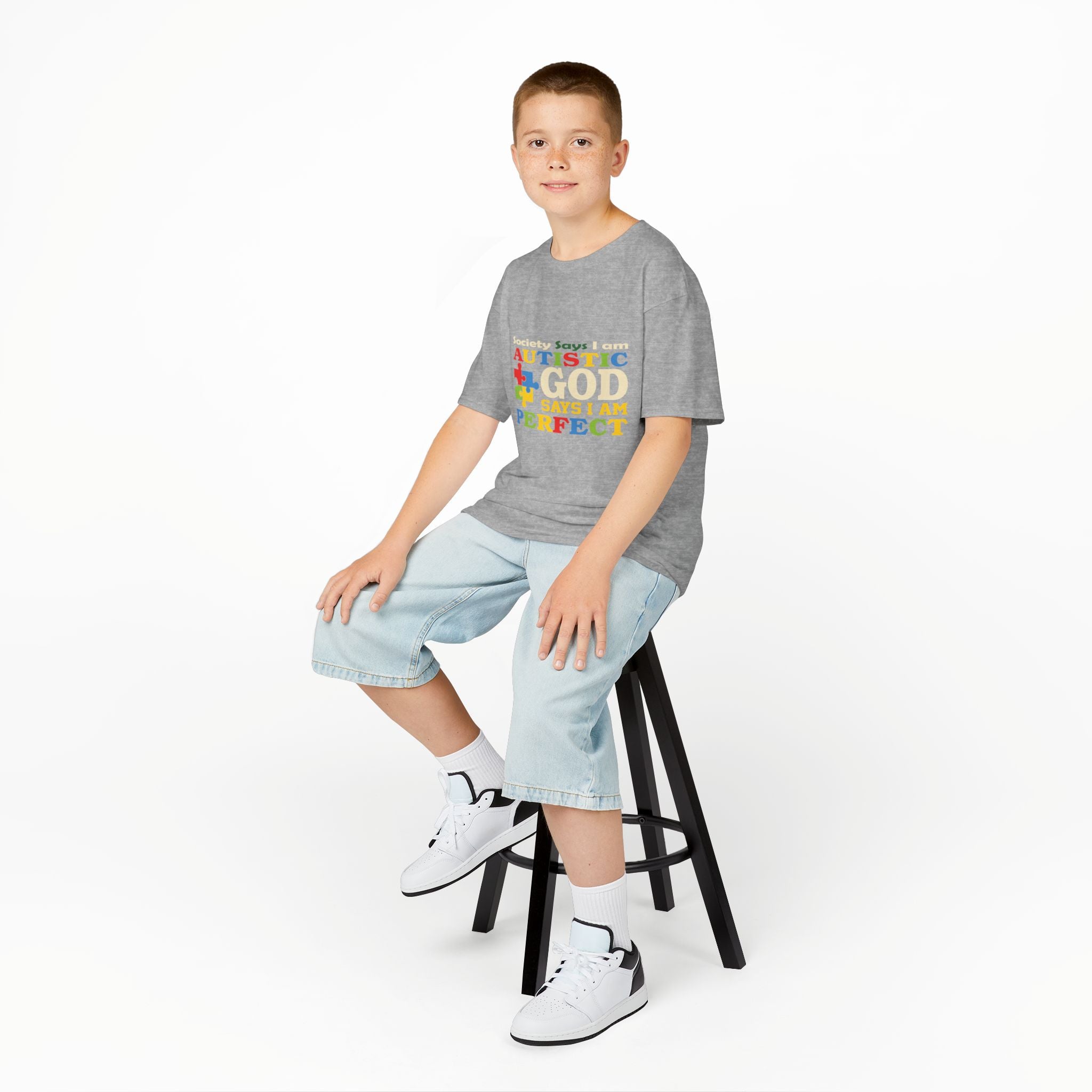 Kids Tee — "Autistic Says God Says I Am Perfect" Rainbow Puzzle Piece Autism Awareness Shirt