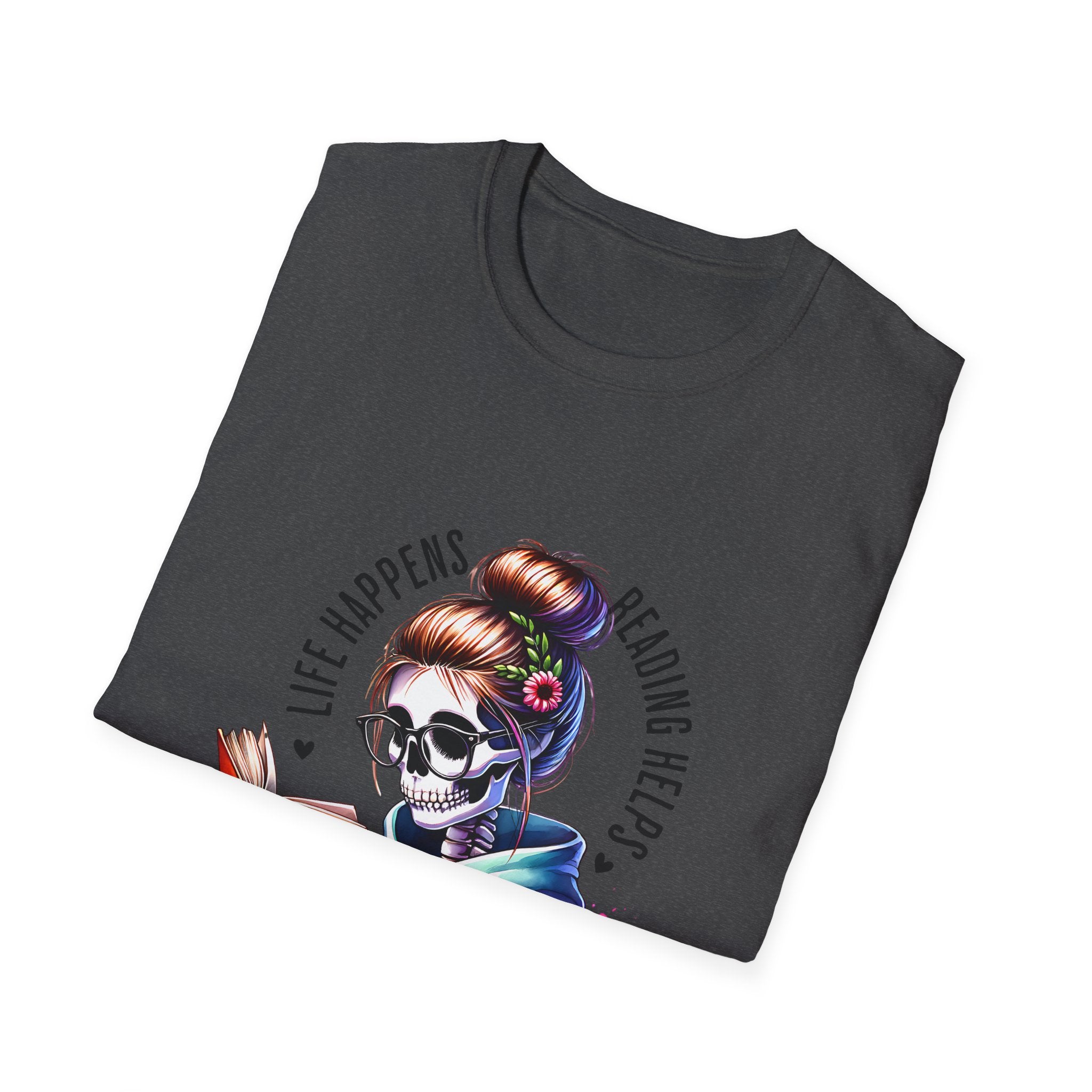 Reading Skull T-Shirt — "Life Happens, Reading Help" Gothic Booklover Tee