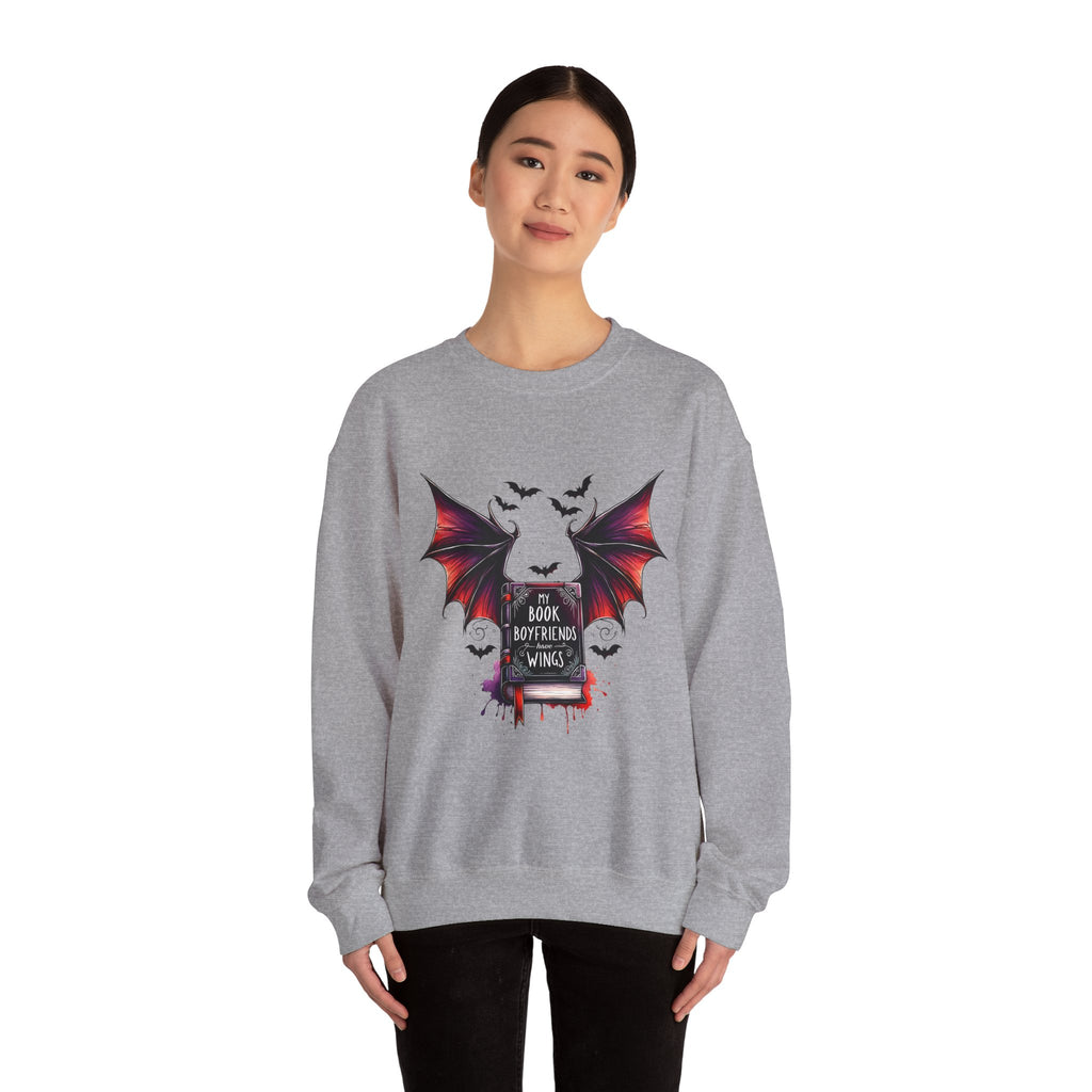 Bat Wings Book Lover Sweatshirt – "My Book Boyfriend Has Wings" Gothic Reading Crewneck