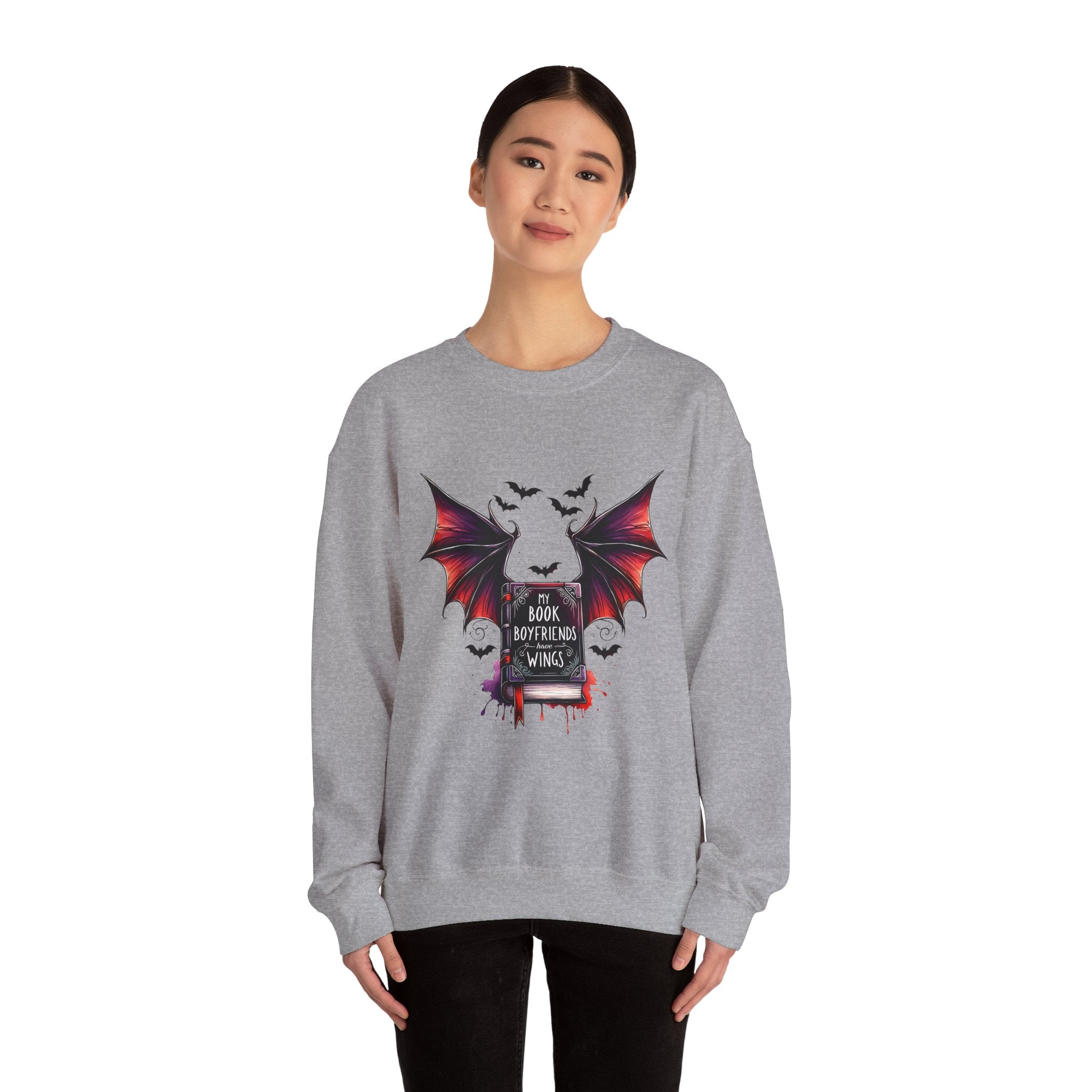 Bat Wings Book Lover Sweatshirt – "My Book Boyfriend Has Wings" Gothic Reading Crewneck