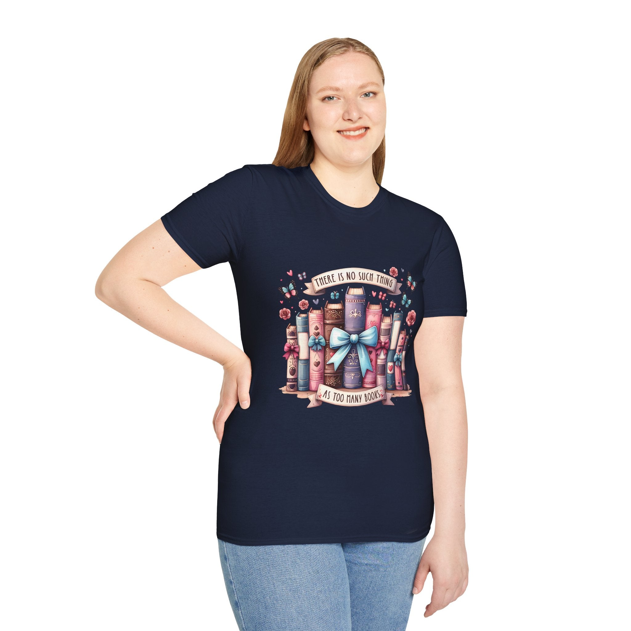 Book Lover T-Shirt — "There Is No Such Thing As Too Many Books" Illustrated Stack Design