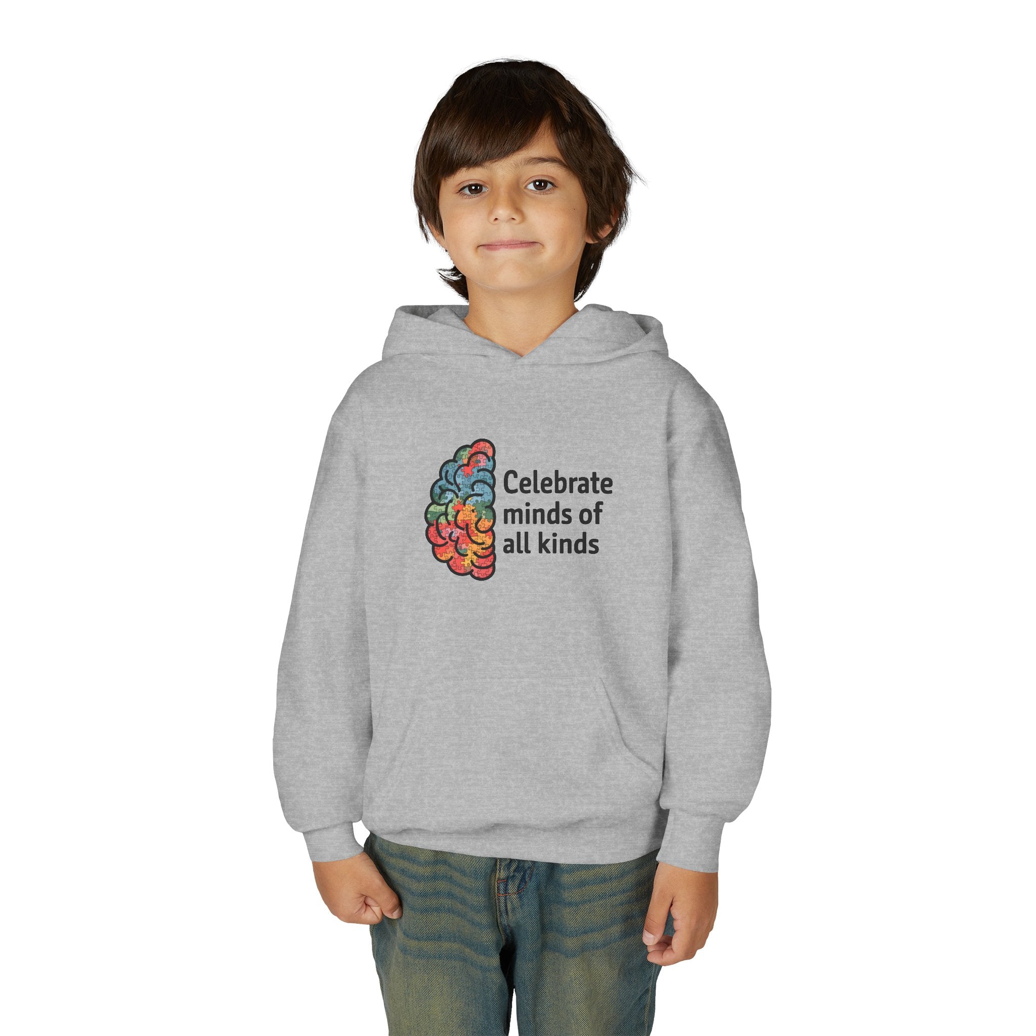 Youth Hoodie — "Celebrate Minds of All Kinds" Colorful Brain Awareness Pullover