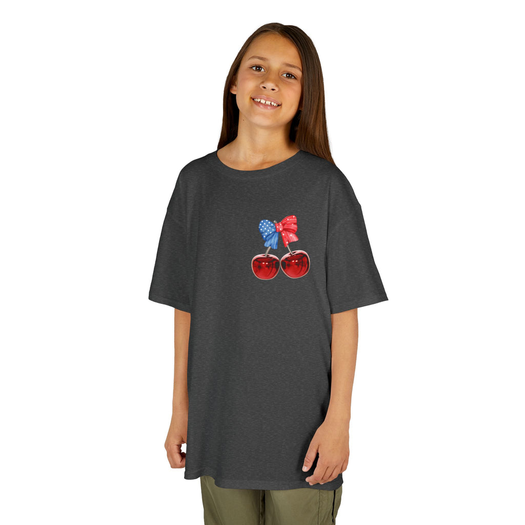Kids Tee — Patriotic Cherry Graphic "All American Girl" — 4th of July Summer Shirt
