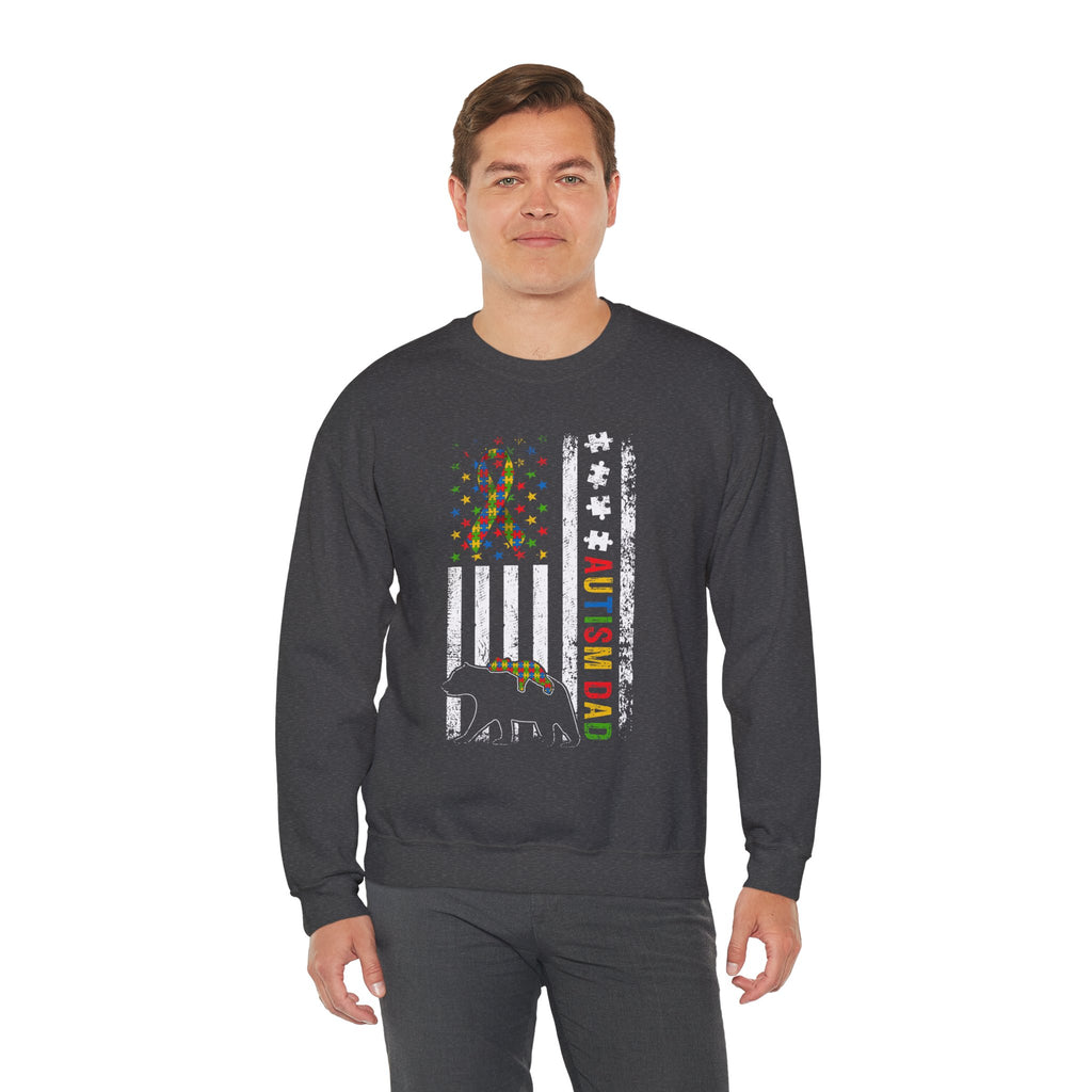 Autism Dad Crewneck Sweatshirt — American Flag Puzzle Ribbon Elephant Design