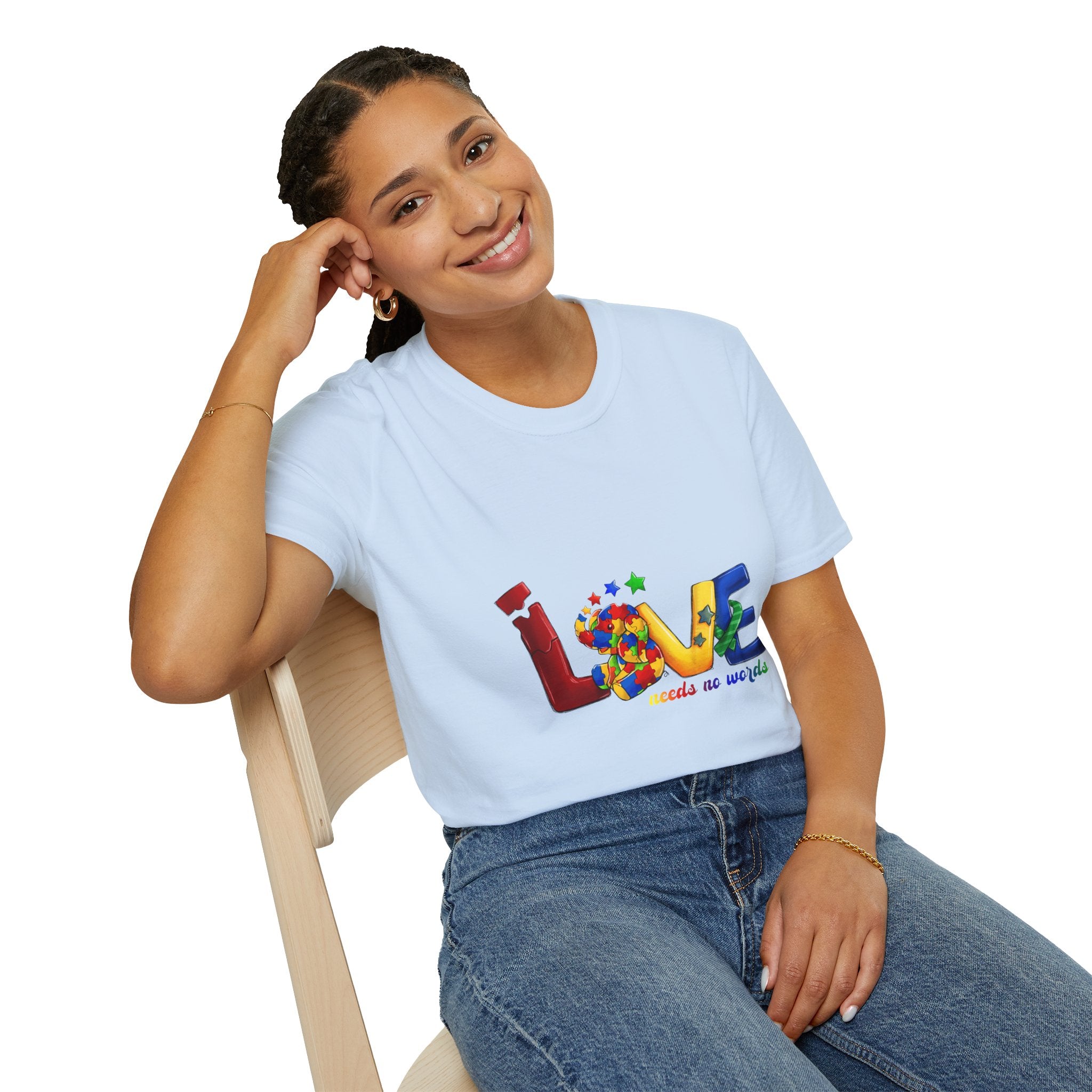 LOVE Needs No Words T‑Shirt — Colorful Puzzle Heart Autism Awareness Tee