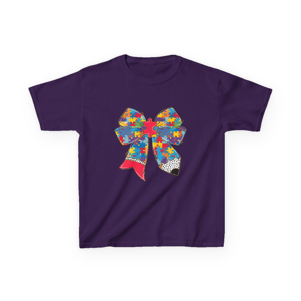 Autism Awareness Puzzle Bow Kids T‑Shirt – Autism Acceptance Gift