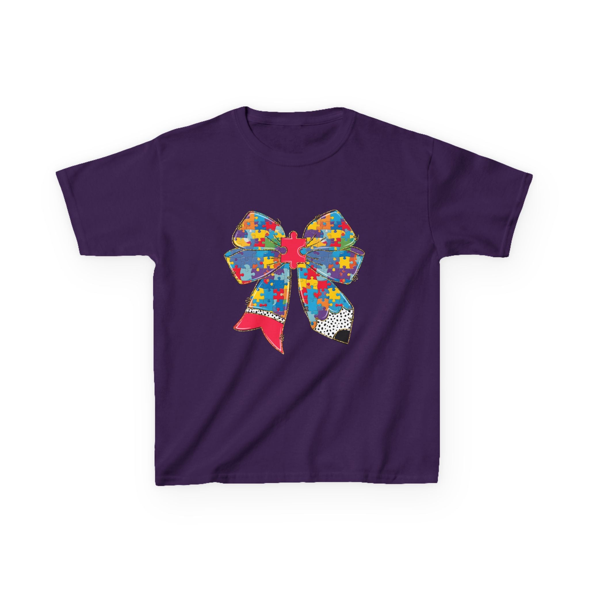 Autism Awareness Puzzle Bow Kids T‑Shirt – Autism Acceptance Gift