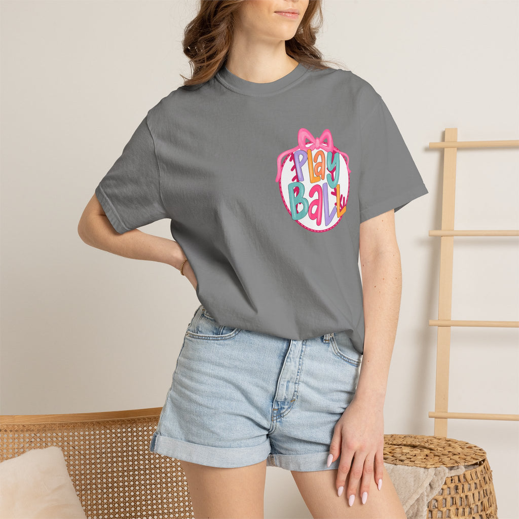Softball Tee — "Play Ball" Front & "Pitch, Batter, Batter, Swing" Heart Back