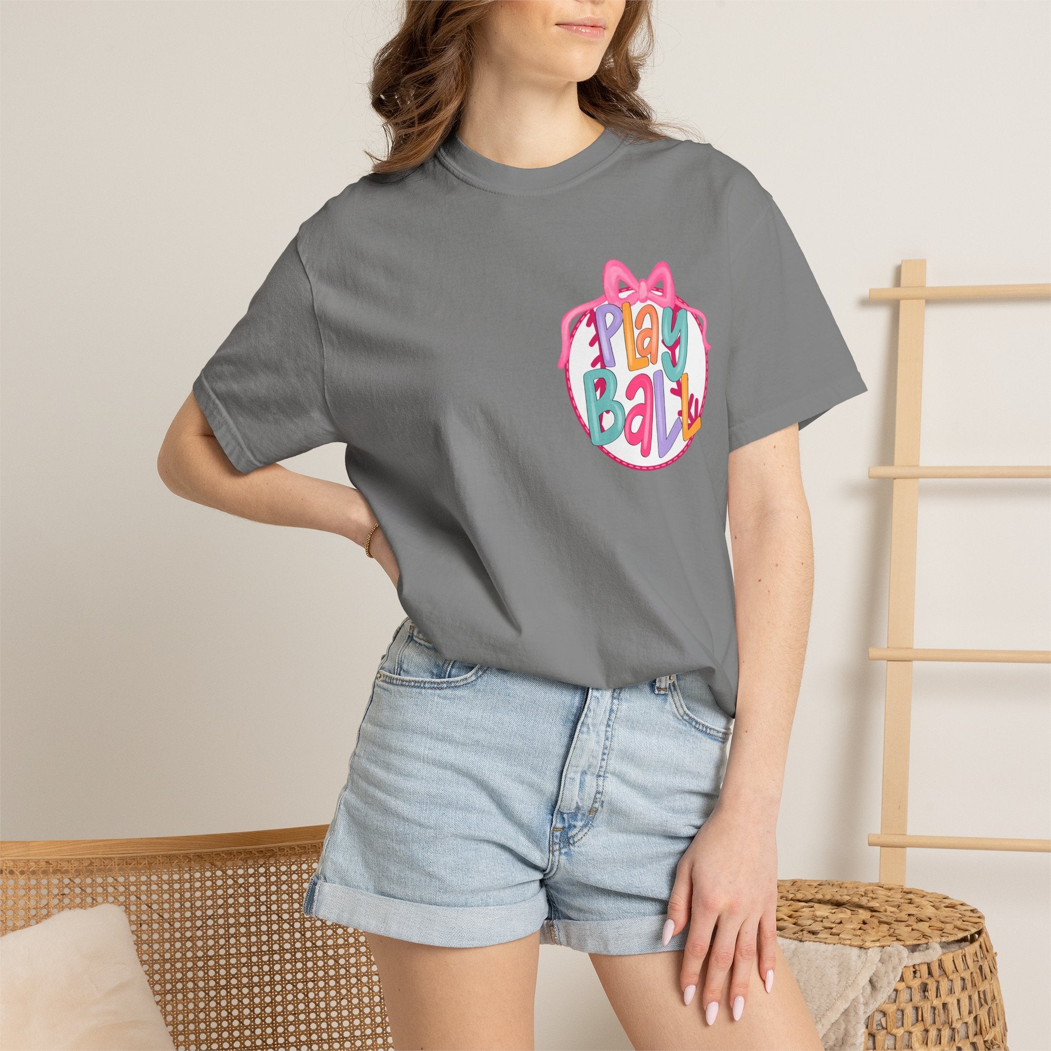 Softball Tee — "Play Ball" Front & "Pitch, Batter, Batter, Swing" Heart Back
