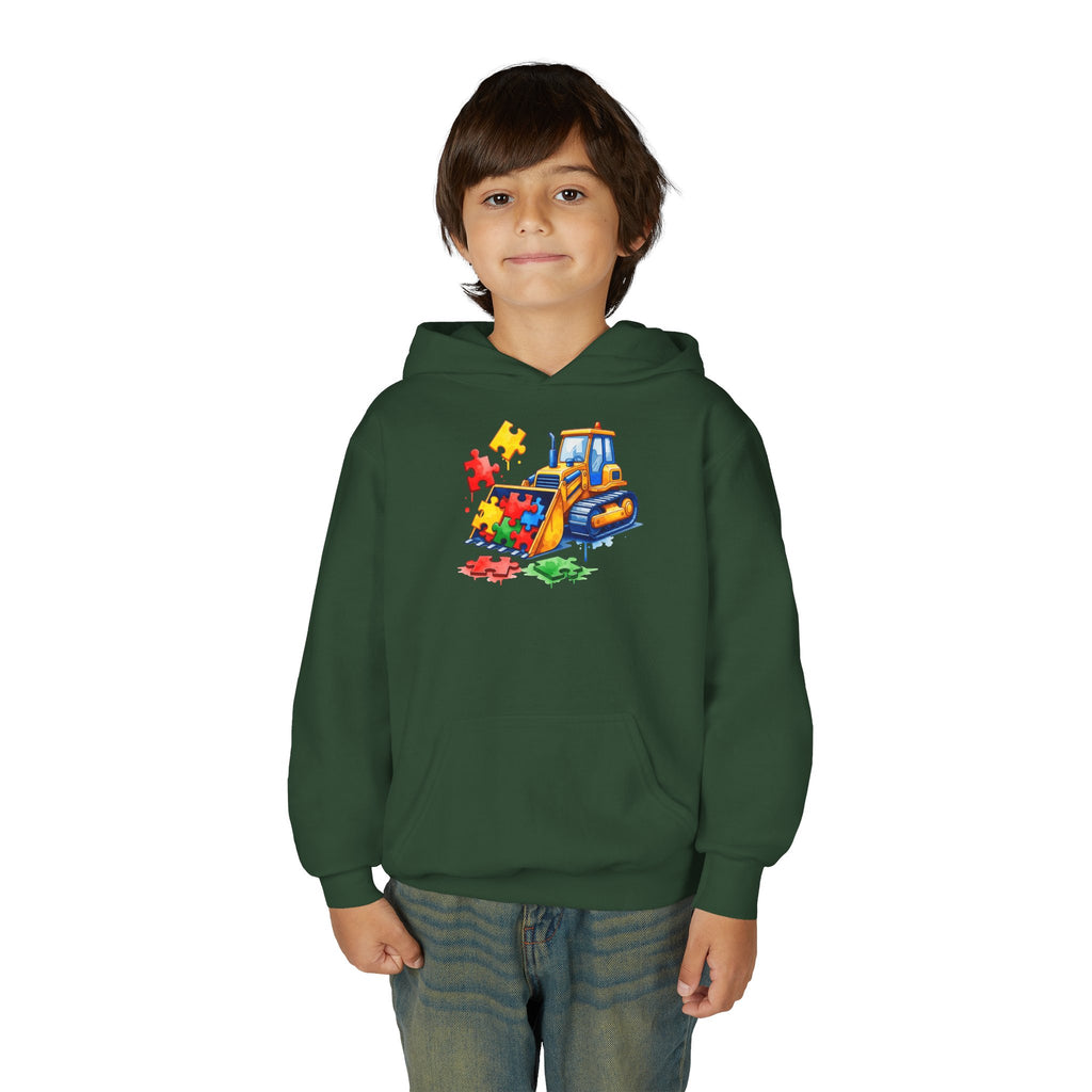 Youth Puzzle Bulldozer Hoodie — Kids Construction Truck Sweatshirt