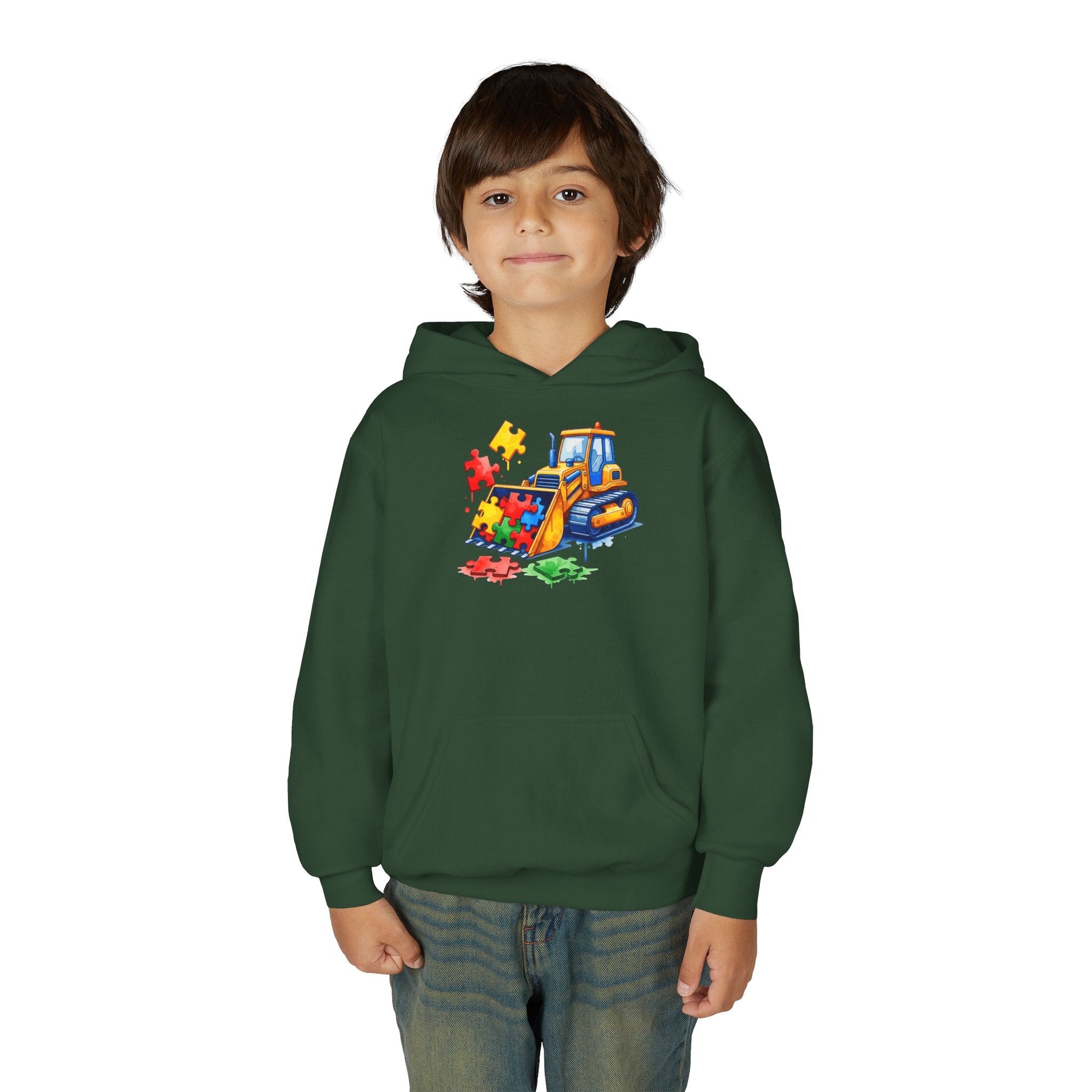 Youth Puzzle Bulldozer Hoodie — Kids Construction Truck Sweatshirt