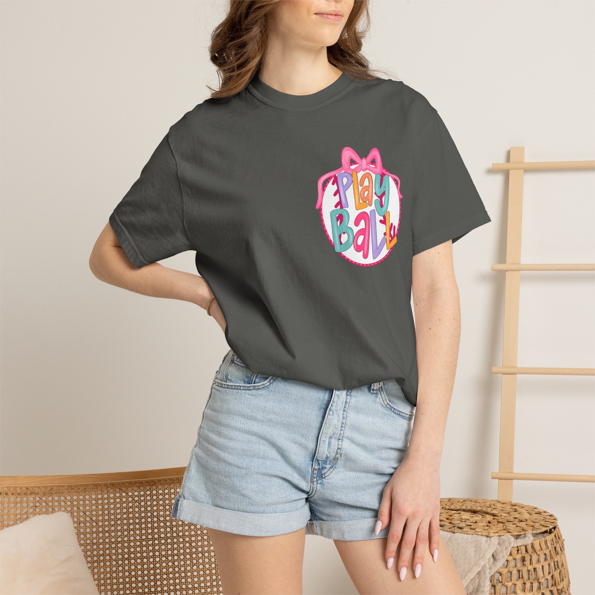 Softball Tee — "Play Ball" Front & "Pitch, Batter, Batter, Swing" Heart Back