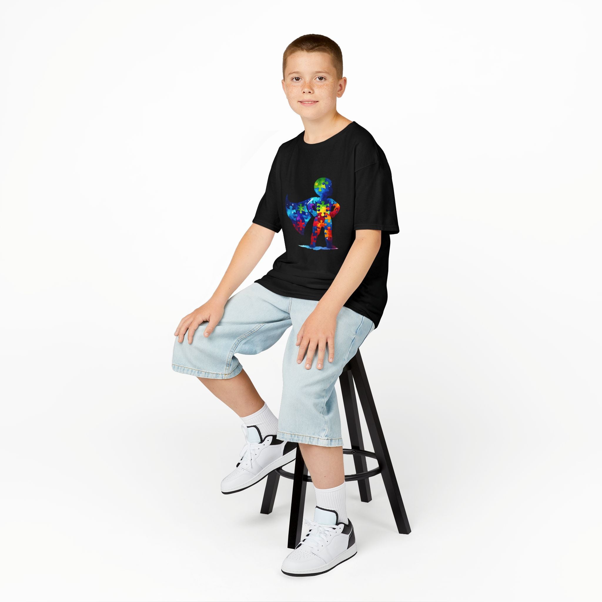 Kids Superhero T-Shirt — Colorful Puzzle Cape Autism Awareness Tee