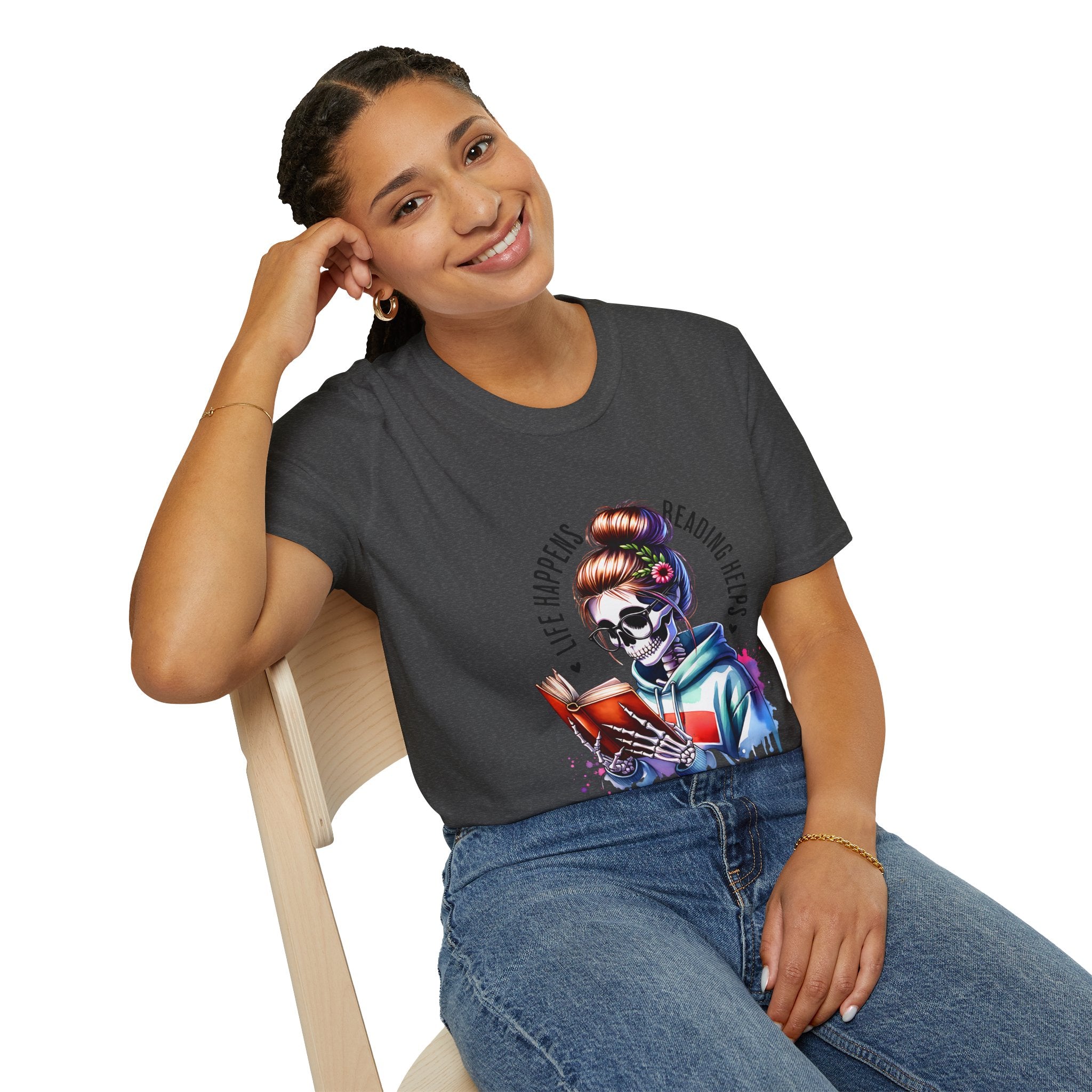 Reading Skull T-Shirt — "Life Happens, Reading Help" Gothic Booklover Tee