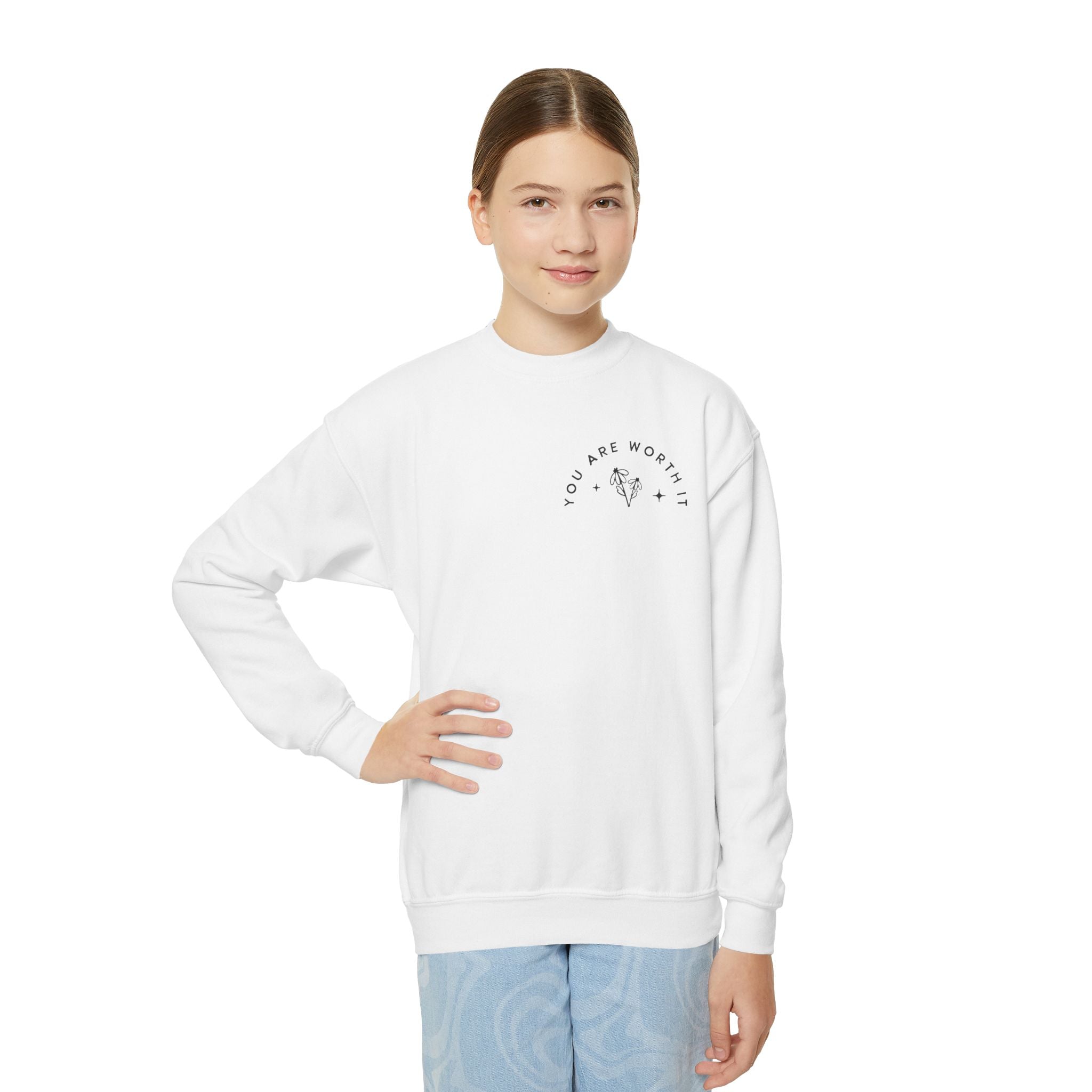 Youth Crewneck Sweatshirt — "You Are Worthy" Floral Graphic Sweatshirt