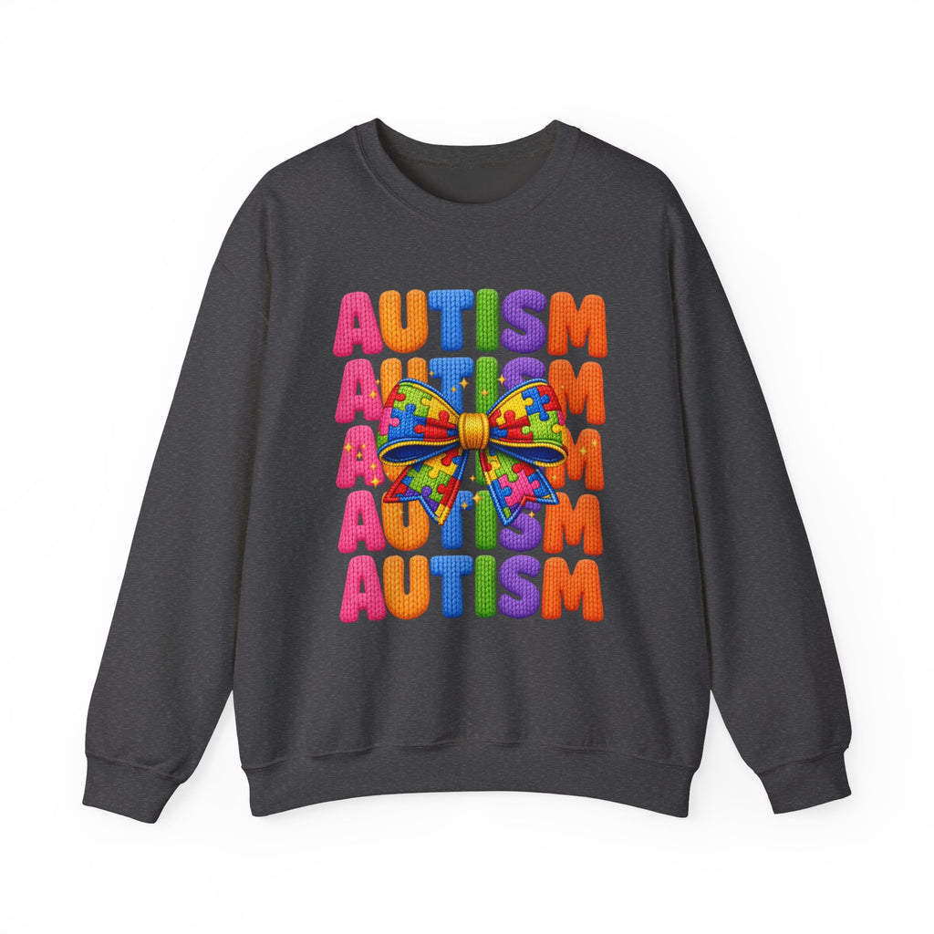 Autism Awareness Crewneck Sweatshirt — Colorful Puzzle Bow Design