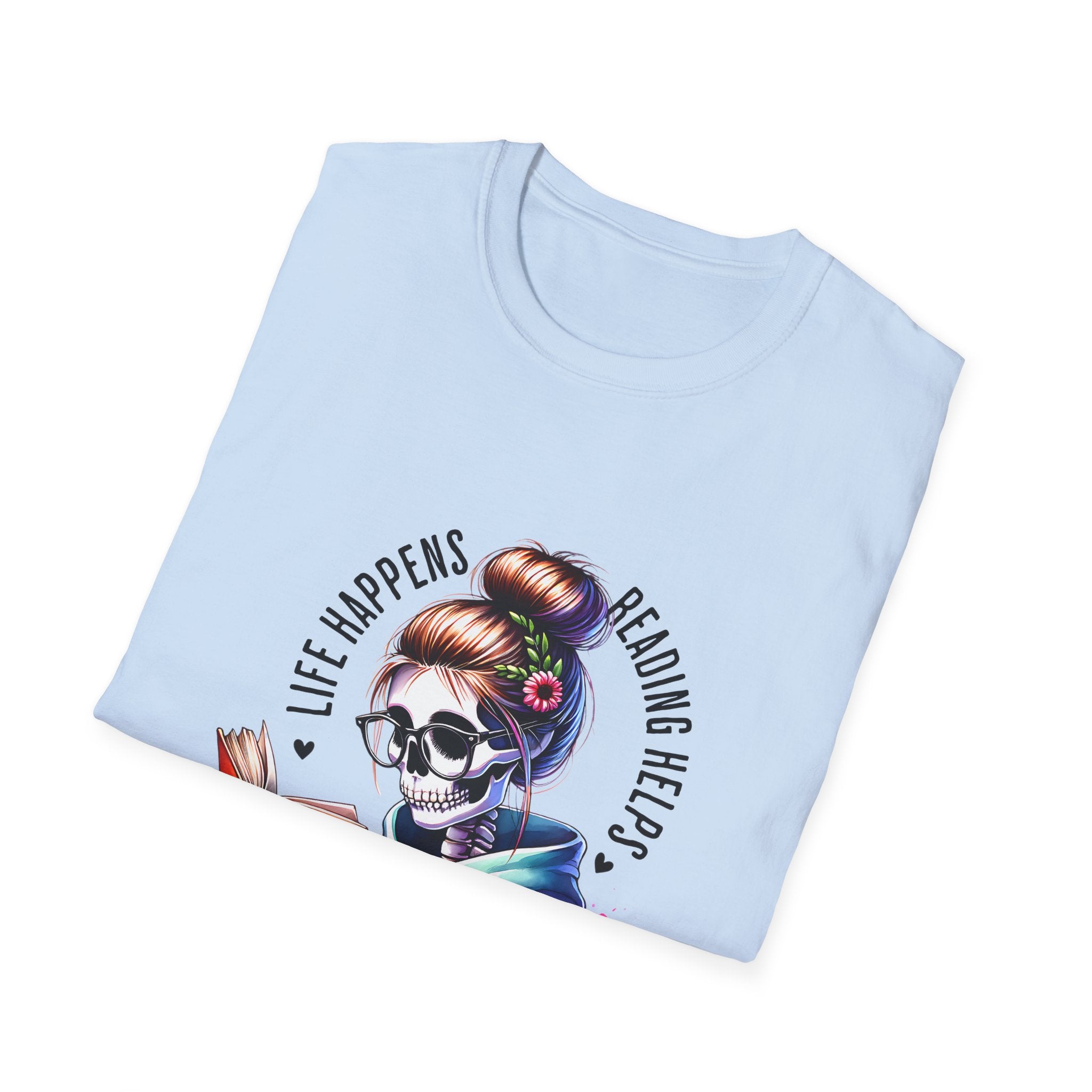 Reading Skull T-Shirt — "Life Happens, Reading Help" Gothic Booklover Tee
