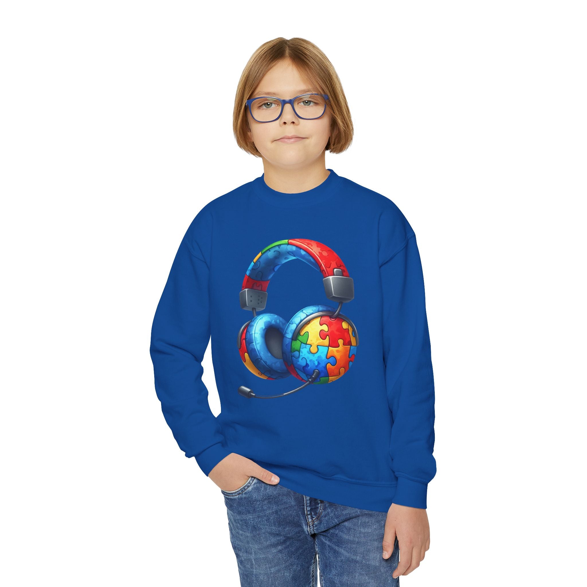 Youth Crewneck Sweatshirt — Colorful Headphones with Puzzle Heart Graphic (Autism Awareness)