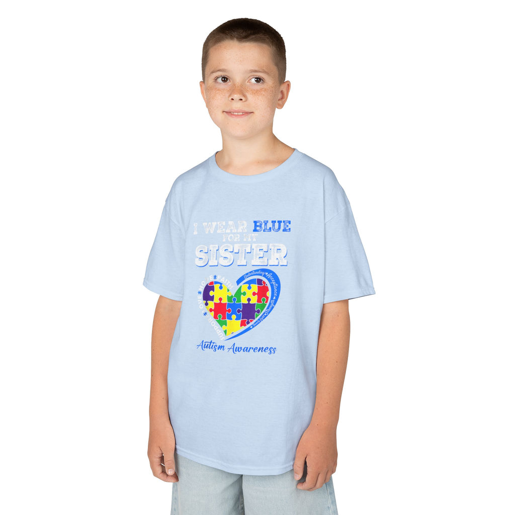 Autism Awareness Kids Tee — "I Wear Blue For My Sister" Puzzle Heart