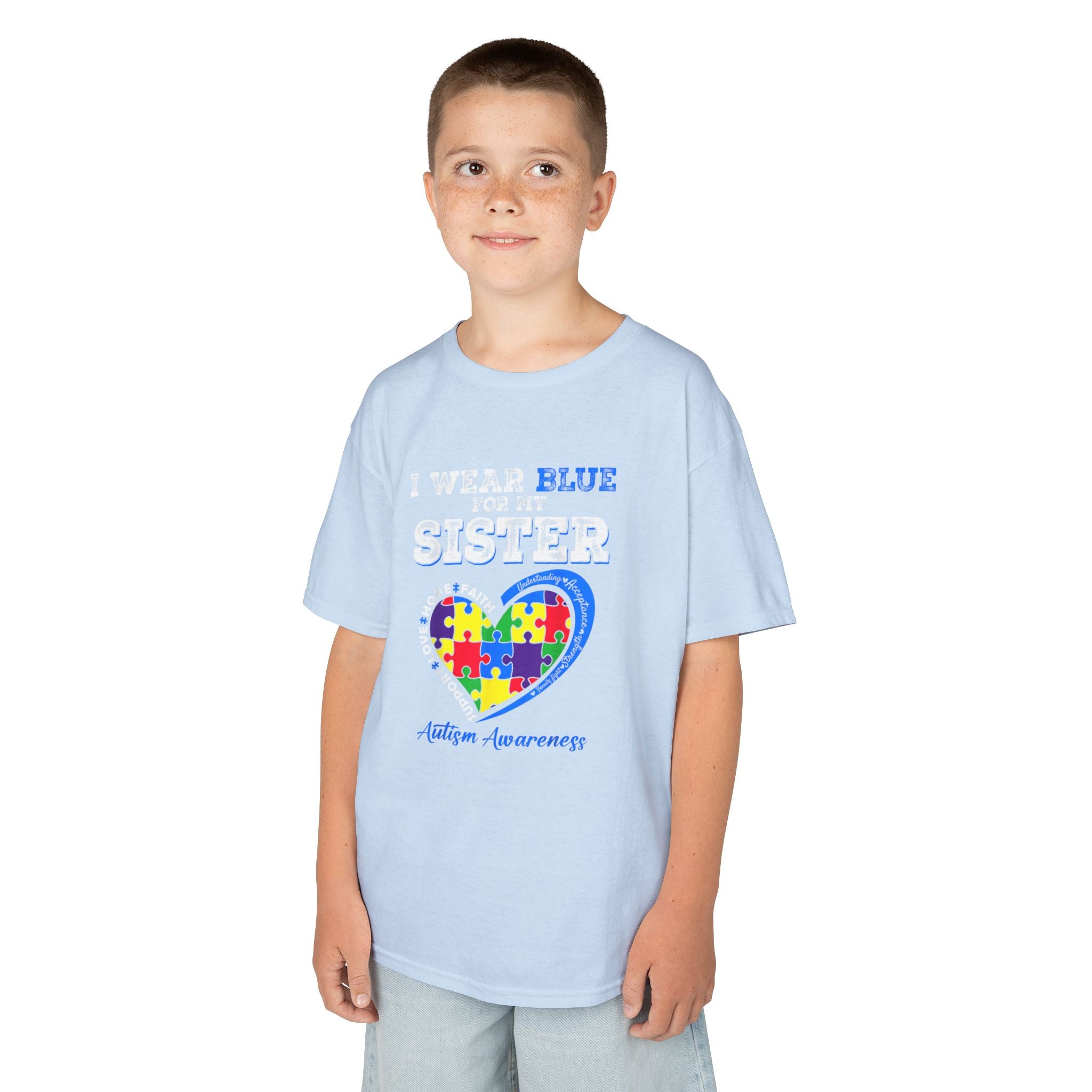 Autism Awareness Kids Tee — "I Wear Blue For My Sister" Puzzle Heart