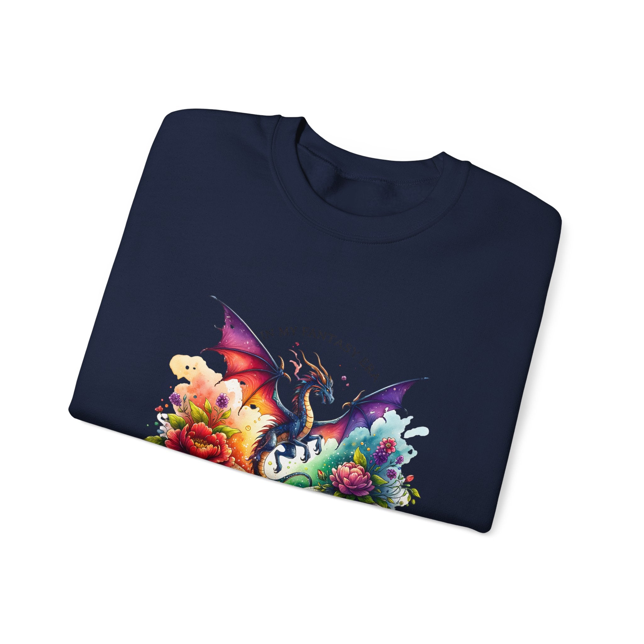Crewneck Sweatshirt — Fantasy Dragon Emerging From Open Book with Flowers
