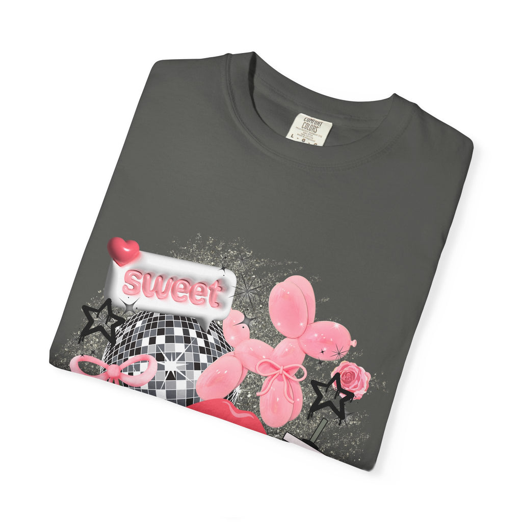 Sweet Kitsch Graphic T-Shirt — Pink Hearts, Lips & Strawberry Design