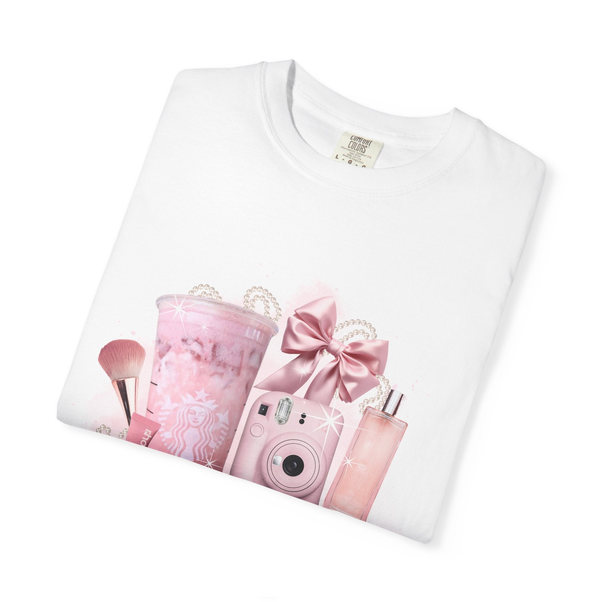 Pink Vanity Aesthetic T-Shirt — Makeup, Polaroid & Accessories Graphic Tee