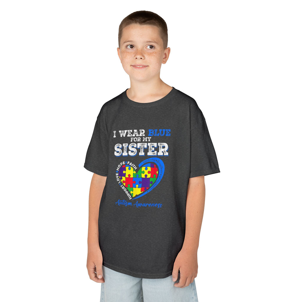 Autism Awareness Kids Tee — "I Wear Blue For My Sister" Puzzle Heart