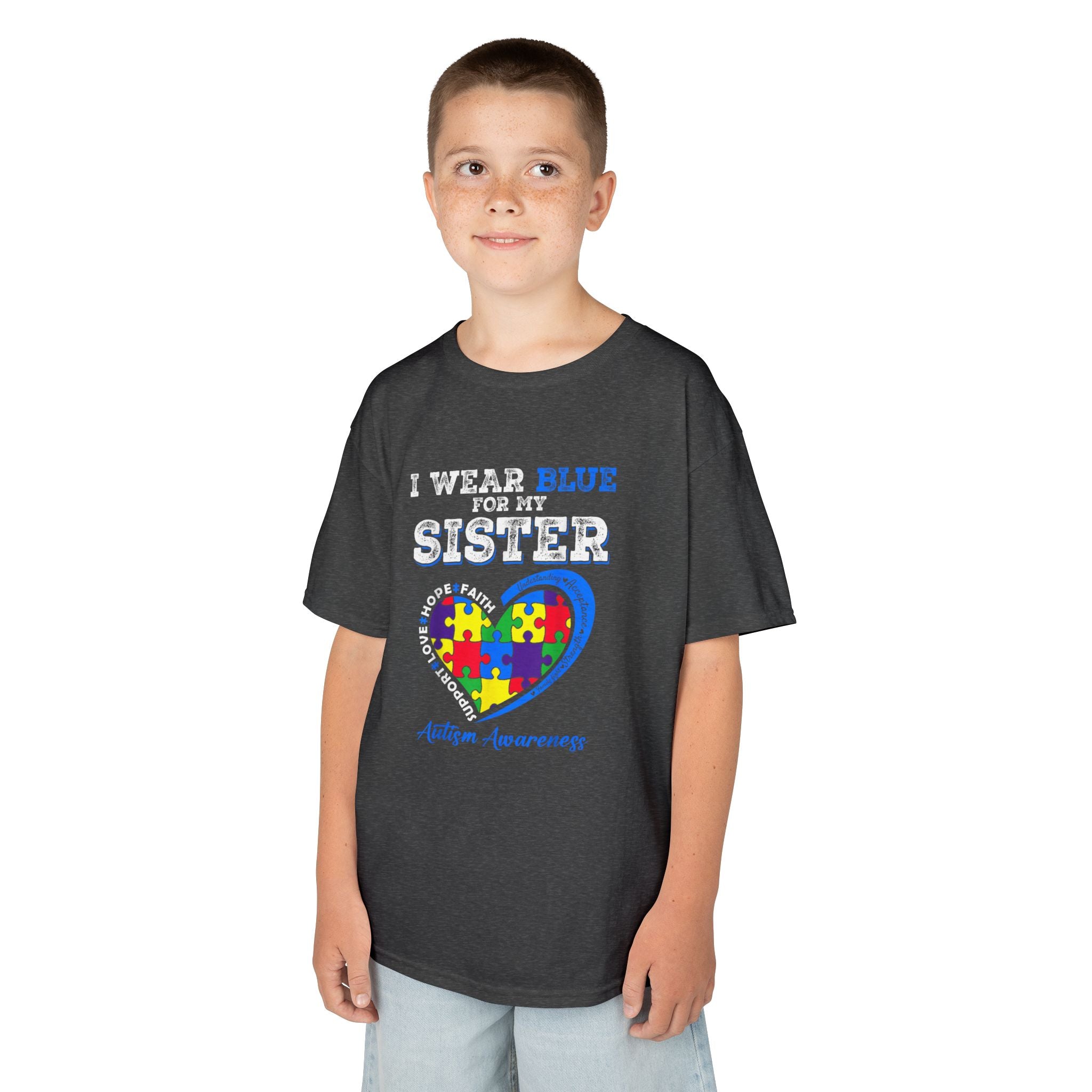 Autism Awareness Kids Tee — "I Wear Blue For My Sister" Puzzle Heart