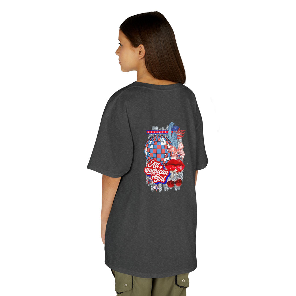 Kids Tee — Patriotic Cherry Graphic "All American Girl" — 4th of July Summer Shirt