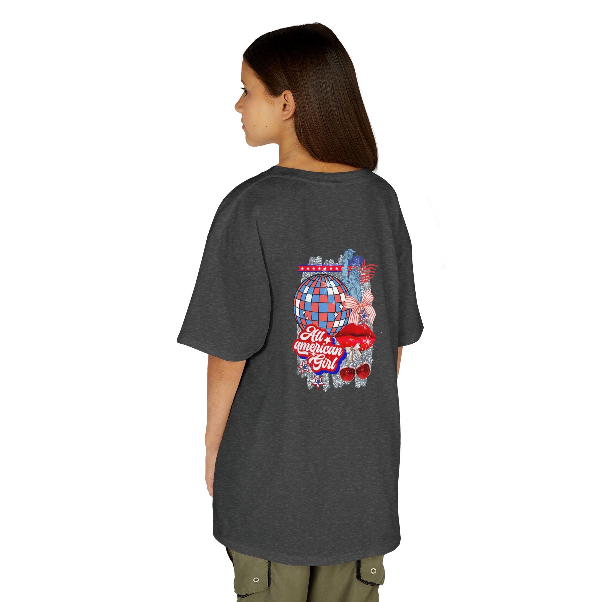 Kids Tee — Patriotic Cherry Graphic "All American Girl" — 4th of July Summer Shirt