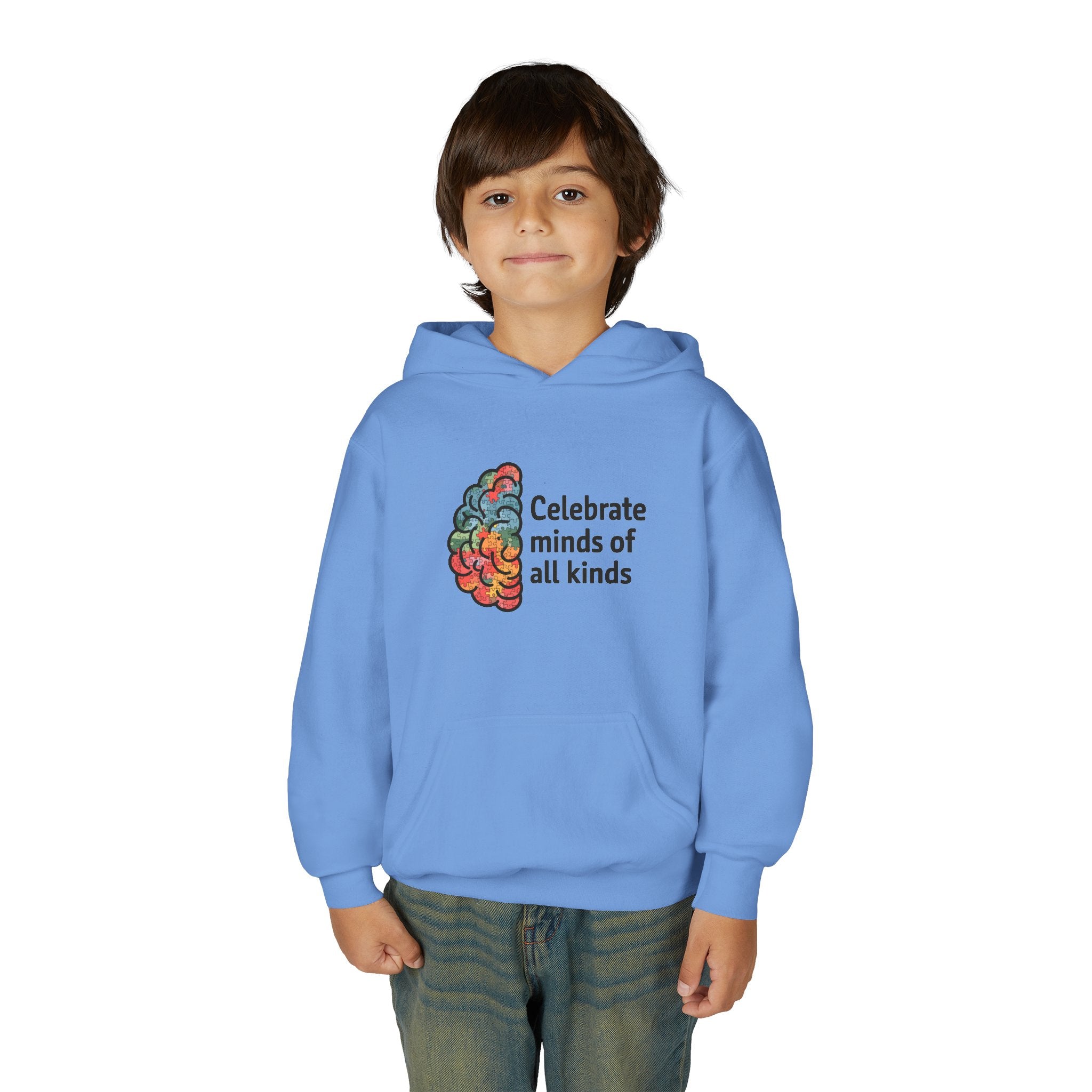 Youth Hoodie — "Celebrate Minds of All Kinds" Colorful Brain Awareness Pullover