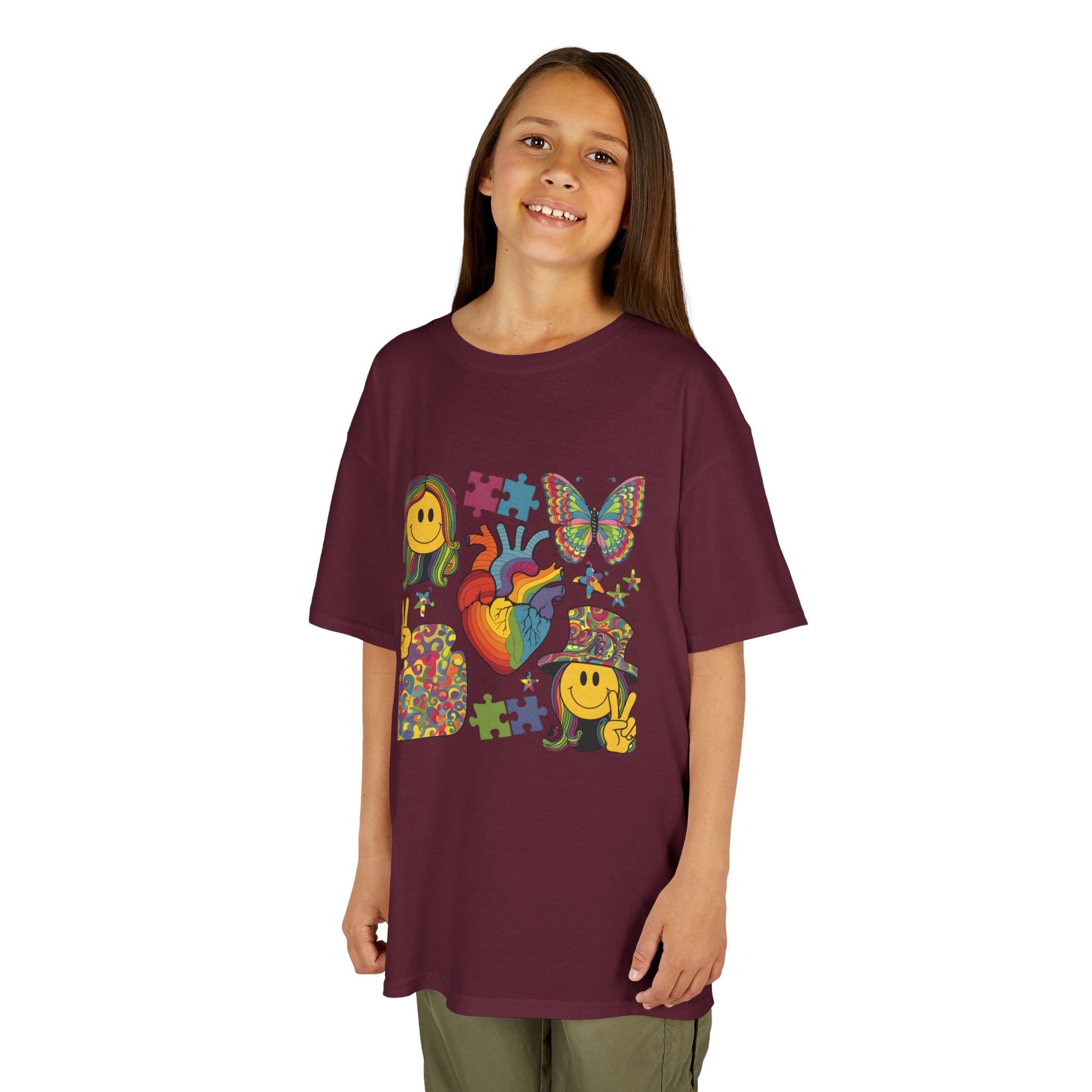 Kids Tee — Colorful Psychedelic Smiley & Puzzle Heart Graphic