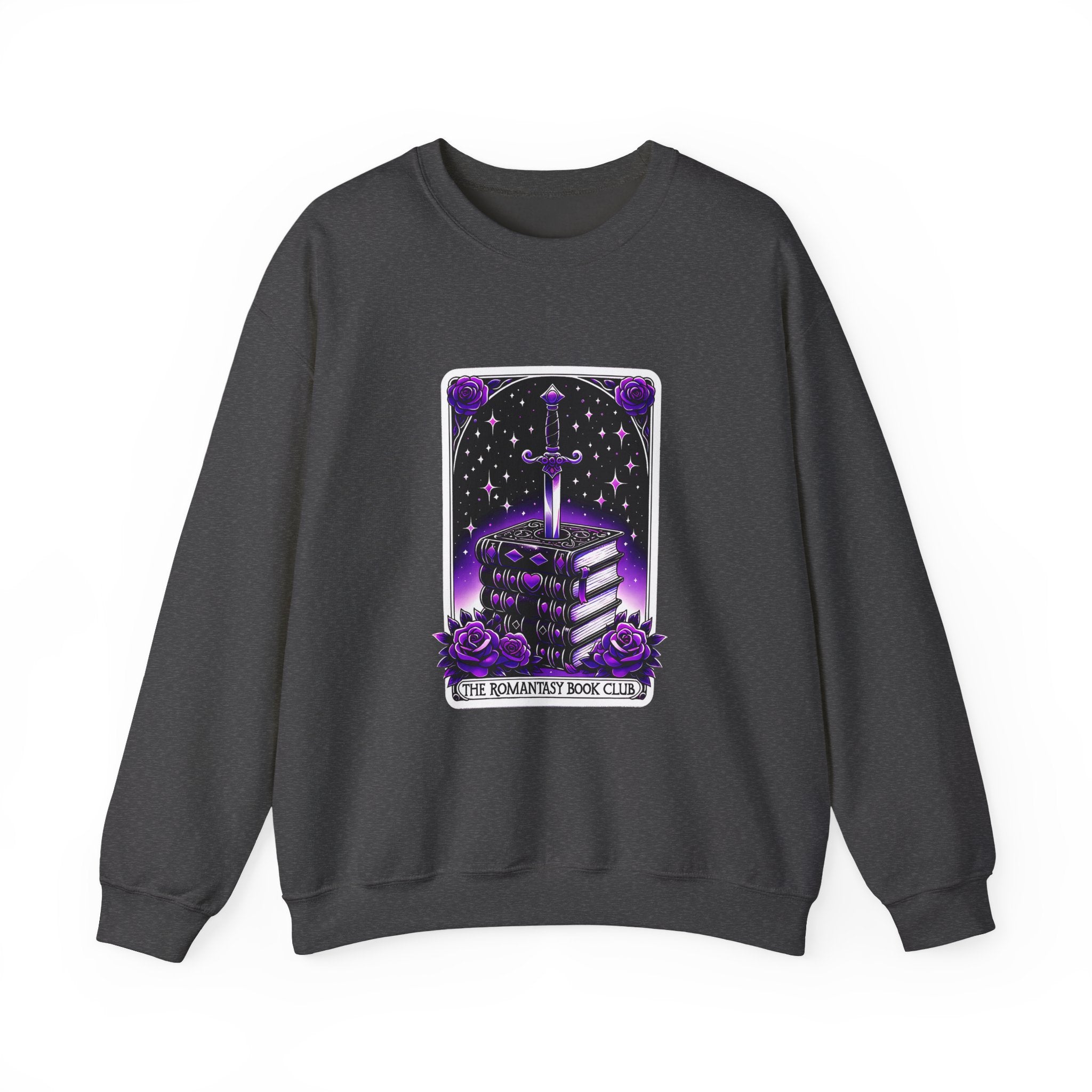 Crewneck Sweatshirt — The Bookish Witch: 'The Enchanted Book Club' Purple Sword & Books Graphic