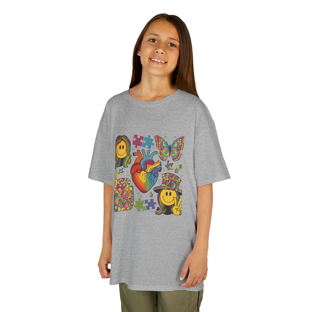 Kids Tee — Colorful Psychedelic Smiley & Puzzle Heart Graphic