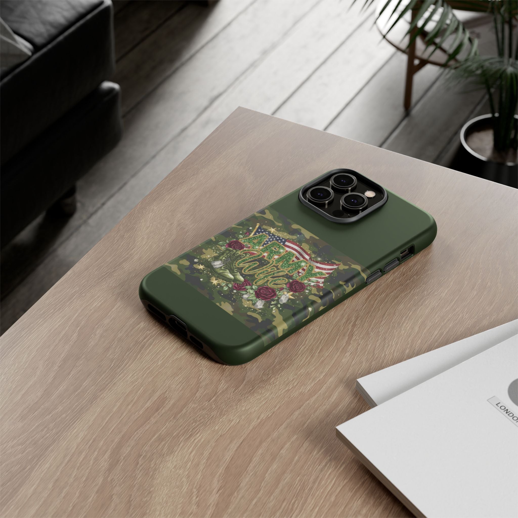 Army Wife Tough Phone Case — Camo Flag Design with Roses