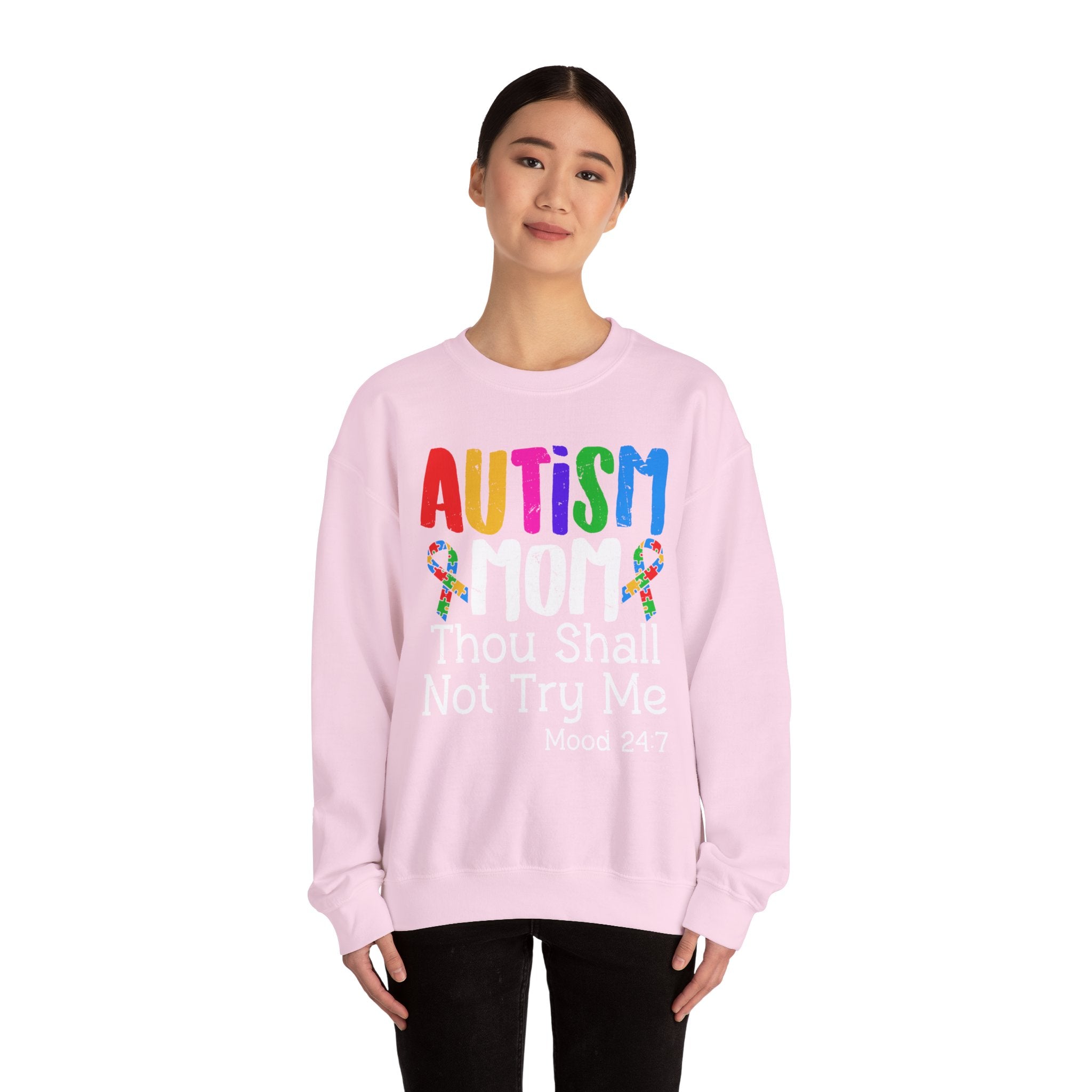 Autism Mom Crewneck Sweatshirt — "Thou Shall Not Try Me" Bold Rainbow Design