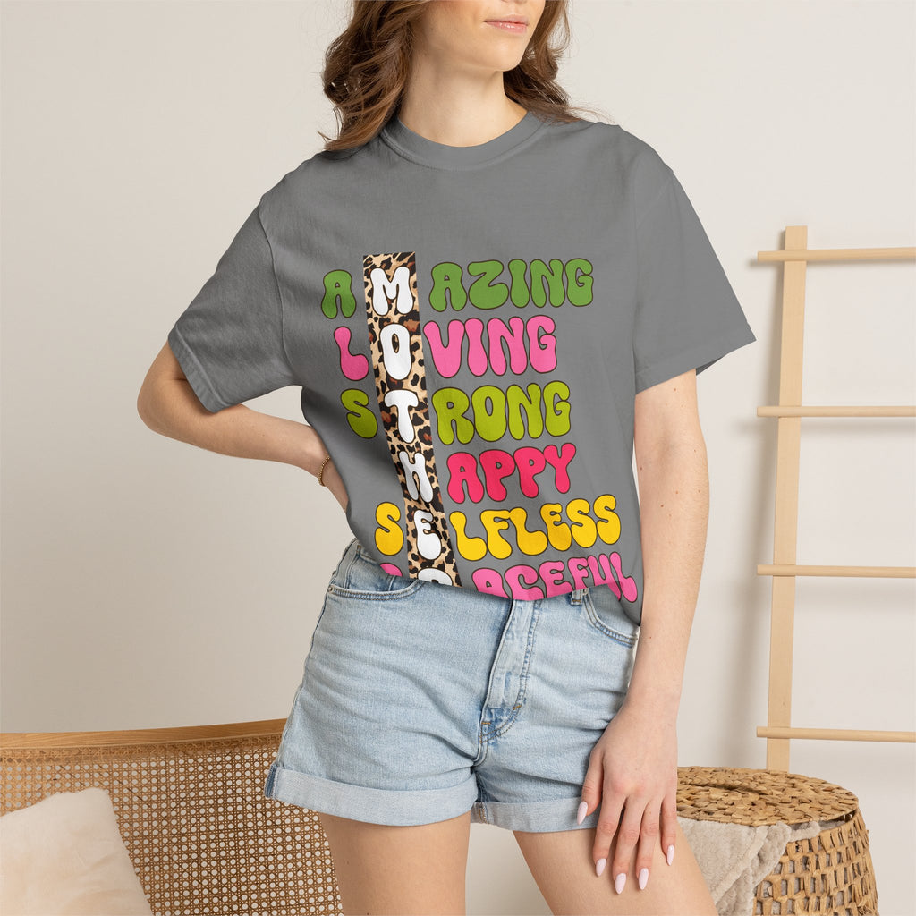 Mother Acrostic Graphic T-Shirt — Retro Bubble Letters & Leopard Accent