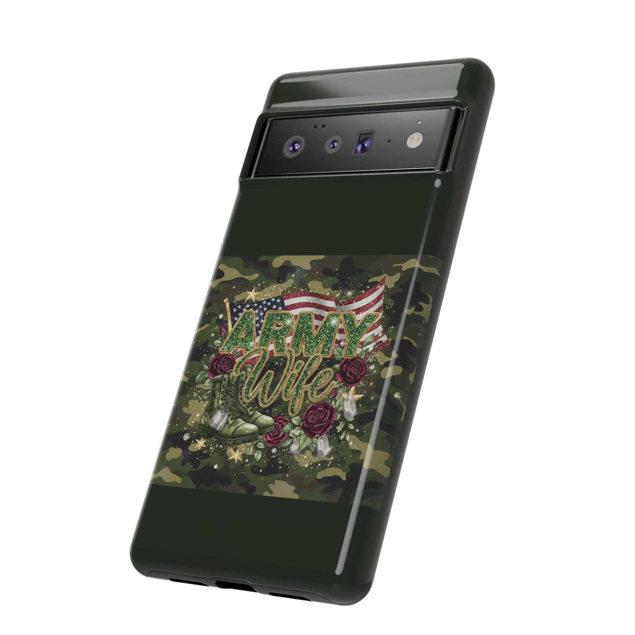 Army Wife Tough Phone Case — Camo Flag Design with Roses