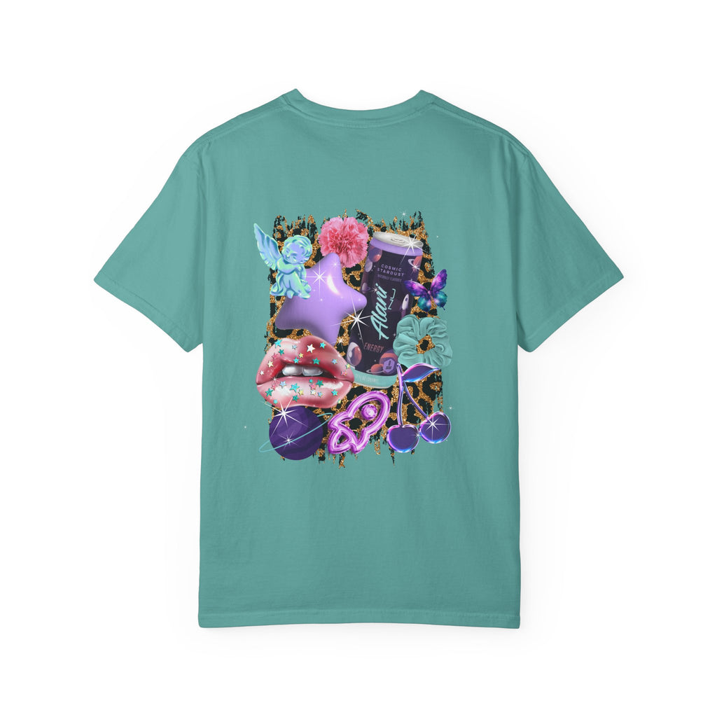 Graphic T-Shirt — 'Alani Nu' Collage Back Print, Retro Floral & Lip Art Tee