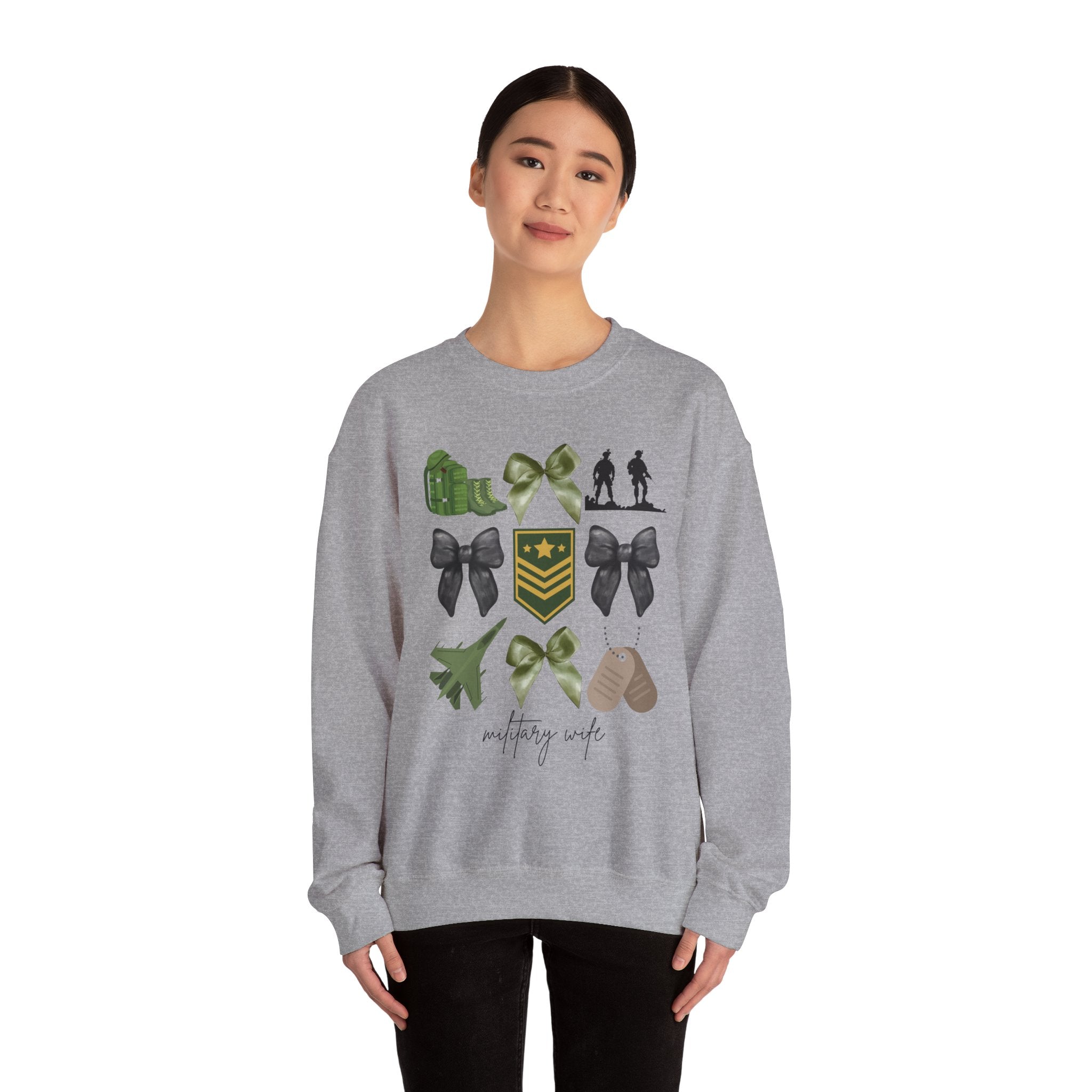 Military Wife Crewneck Sweatshirt – Olive Green Ribbon & Rank Emblem